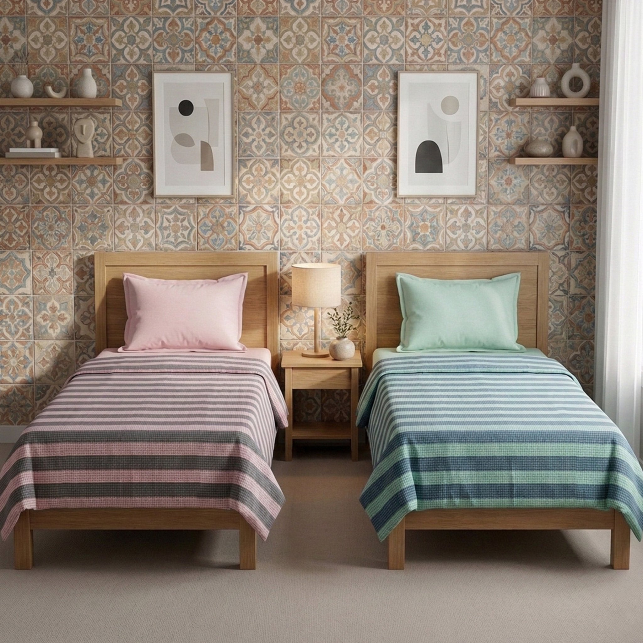 Star Chaddar Stripes Cotton Bedsheet | Pink Grey & Green color, Pack of 2 by Athom Living - Athom Living