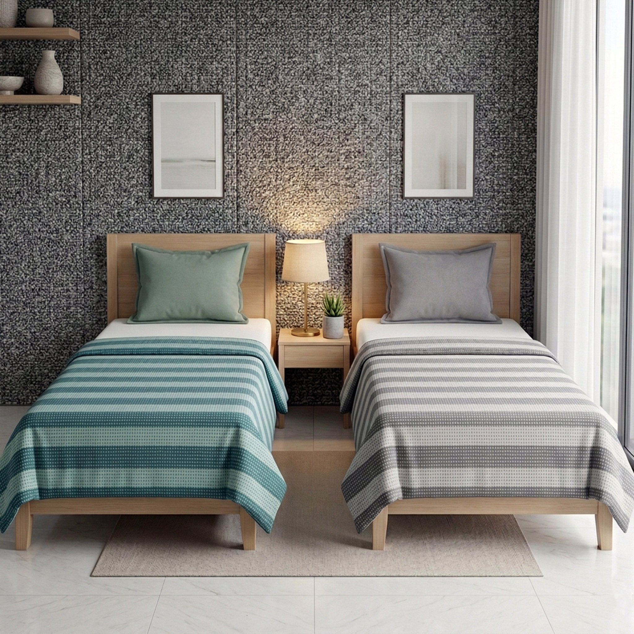 Star Chaddar Stripes Cotton Bedsheet | Water Green & Grey color, Pack of 2 by Athom Living - Athom Living