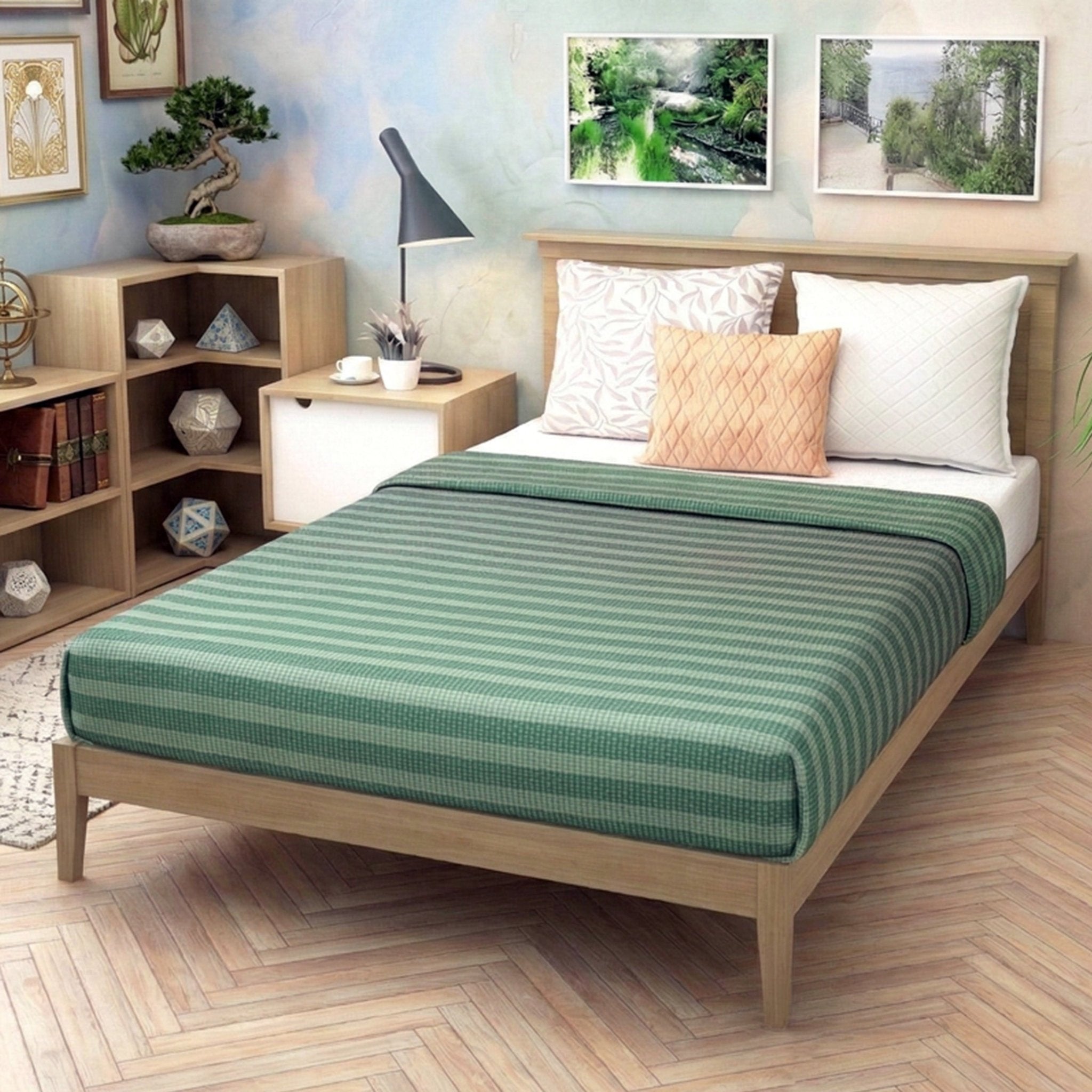 Star Chaddar Stripes Cotton Bedsheet | Water Green & Grey color, Pack of 2 by Athom Living - Athom Living