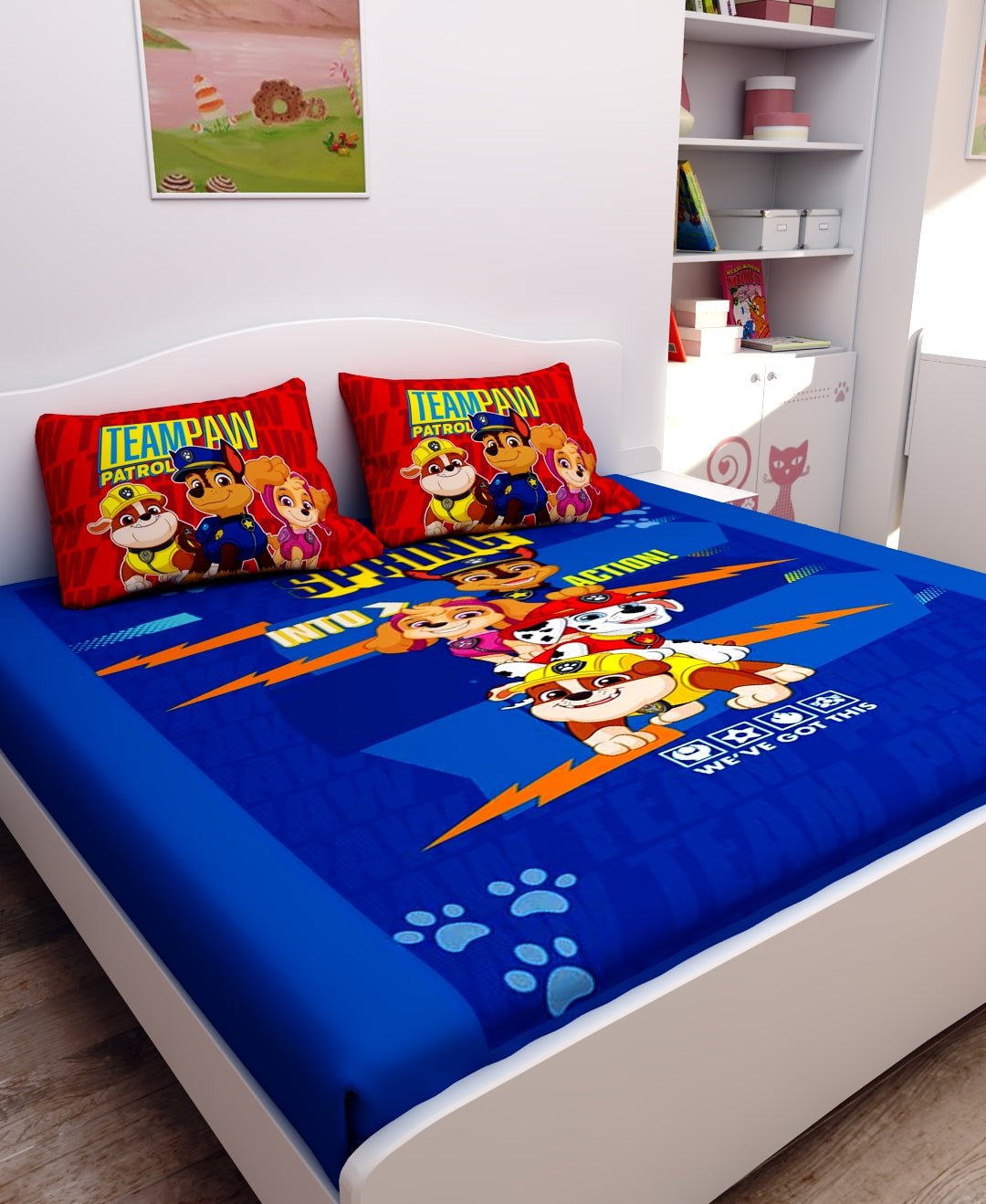Team Paw Petrol, Paw Patrol Cotton Kids Double Bedsheet with 2 Pillow Cover by Athom Living - Athom Living