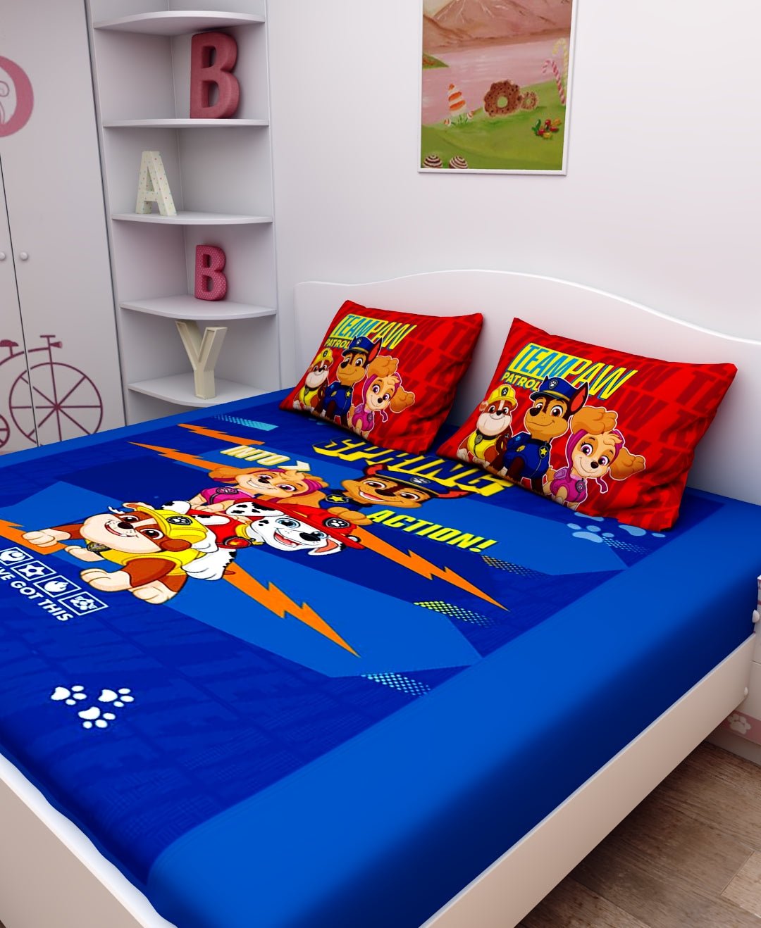 Team Paw Petrol, Paw Patrol Cotton Kids Double Bedsheet with 2 Pillow Cover by Athom Living - Athom Living
