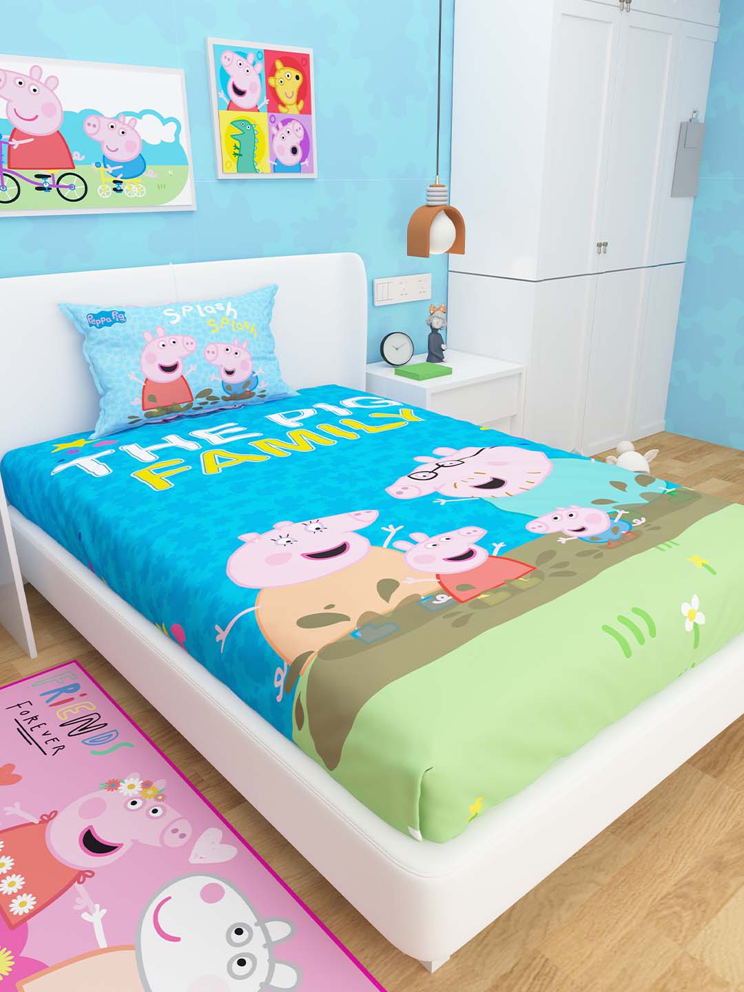 The Pig Family Peppa Pig Cotton Kids Single Bedsheet with Pillow Cover by Athom Living - Athom Living