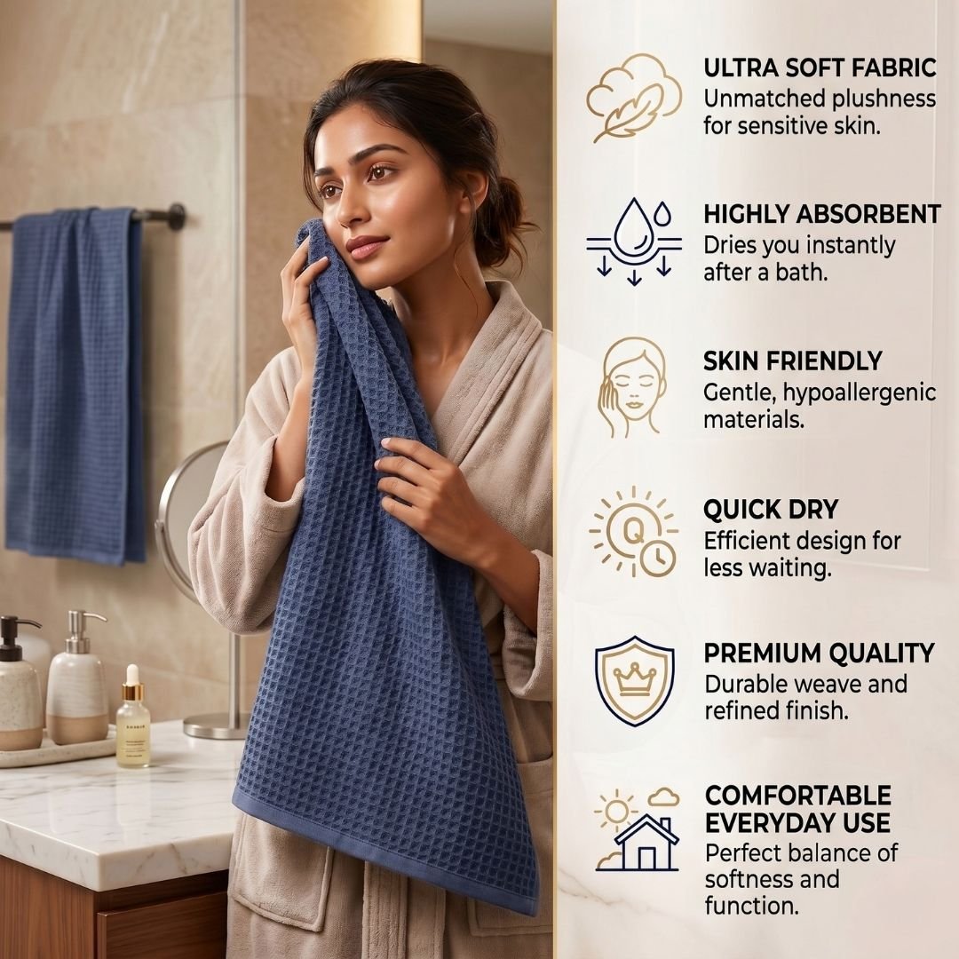 Waffle & Terry Texture Bath Towel Blue – By Athom Living - Athom Living