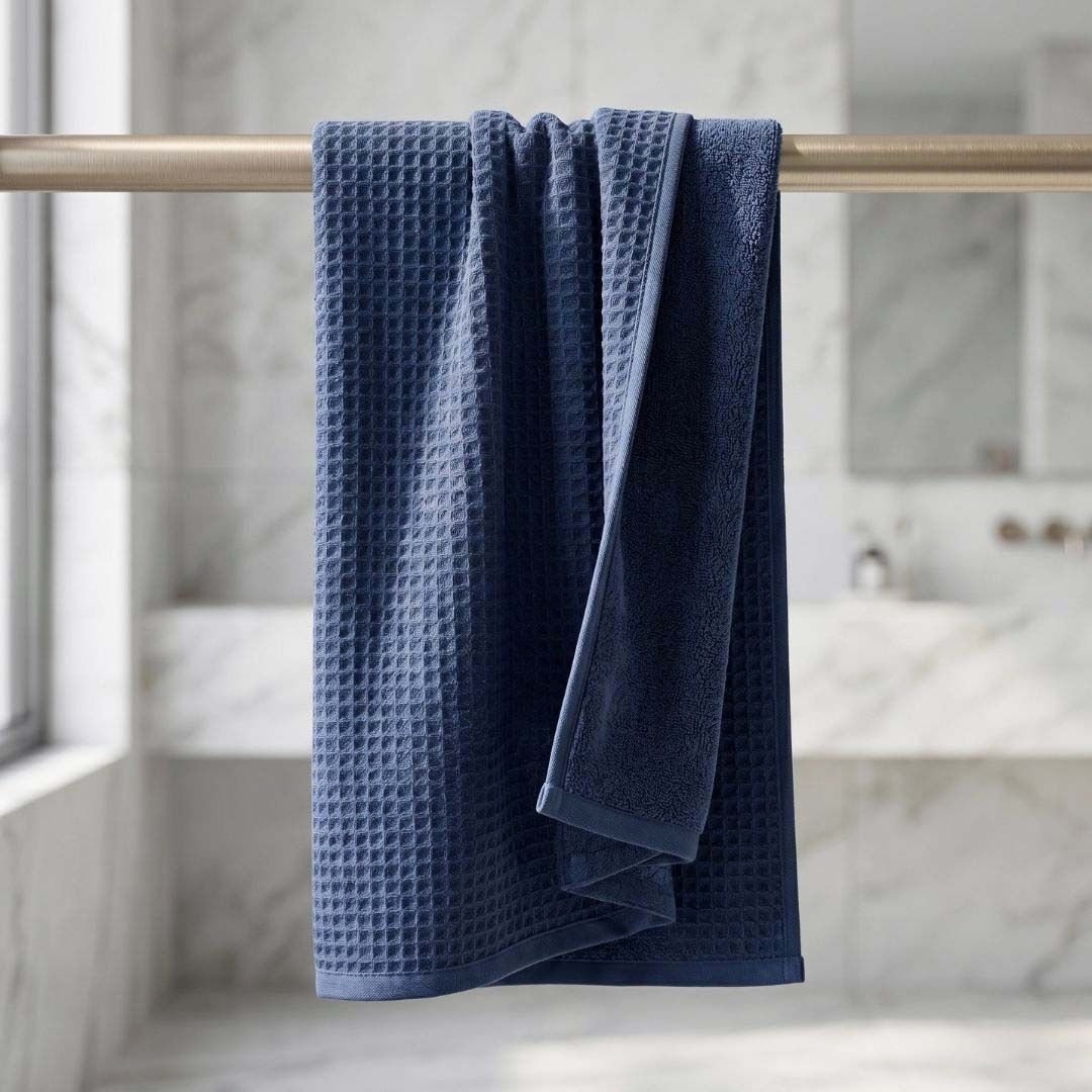 Waffle & Terry Texture Bath Towel Blue – By Athom Living - Athom Living