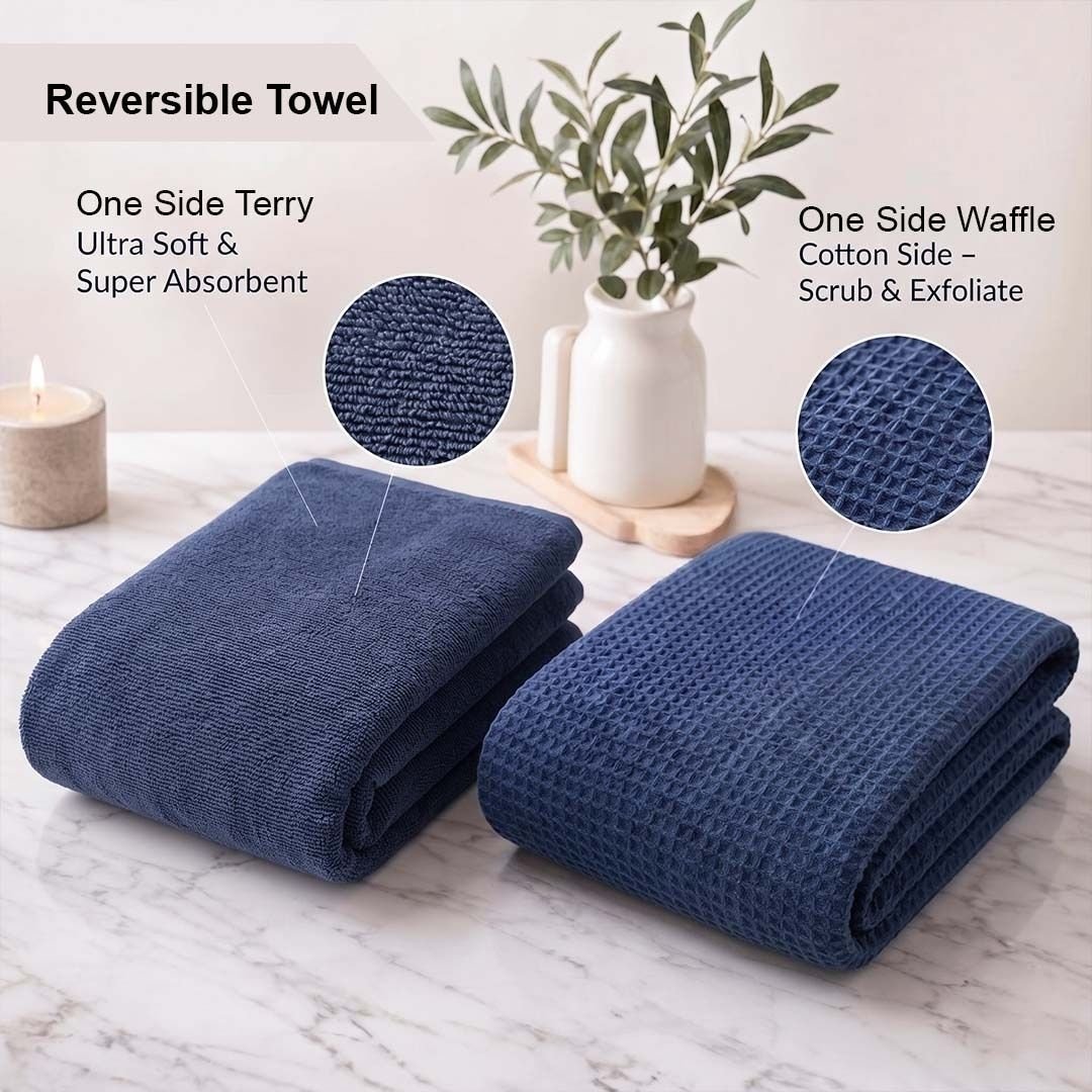 Waffle & Terry Texture Bath Towel Blue – By Athom Living - Athom Living