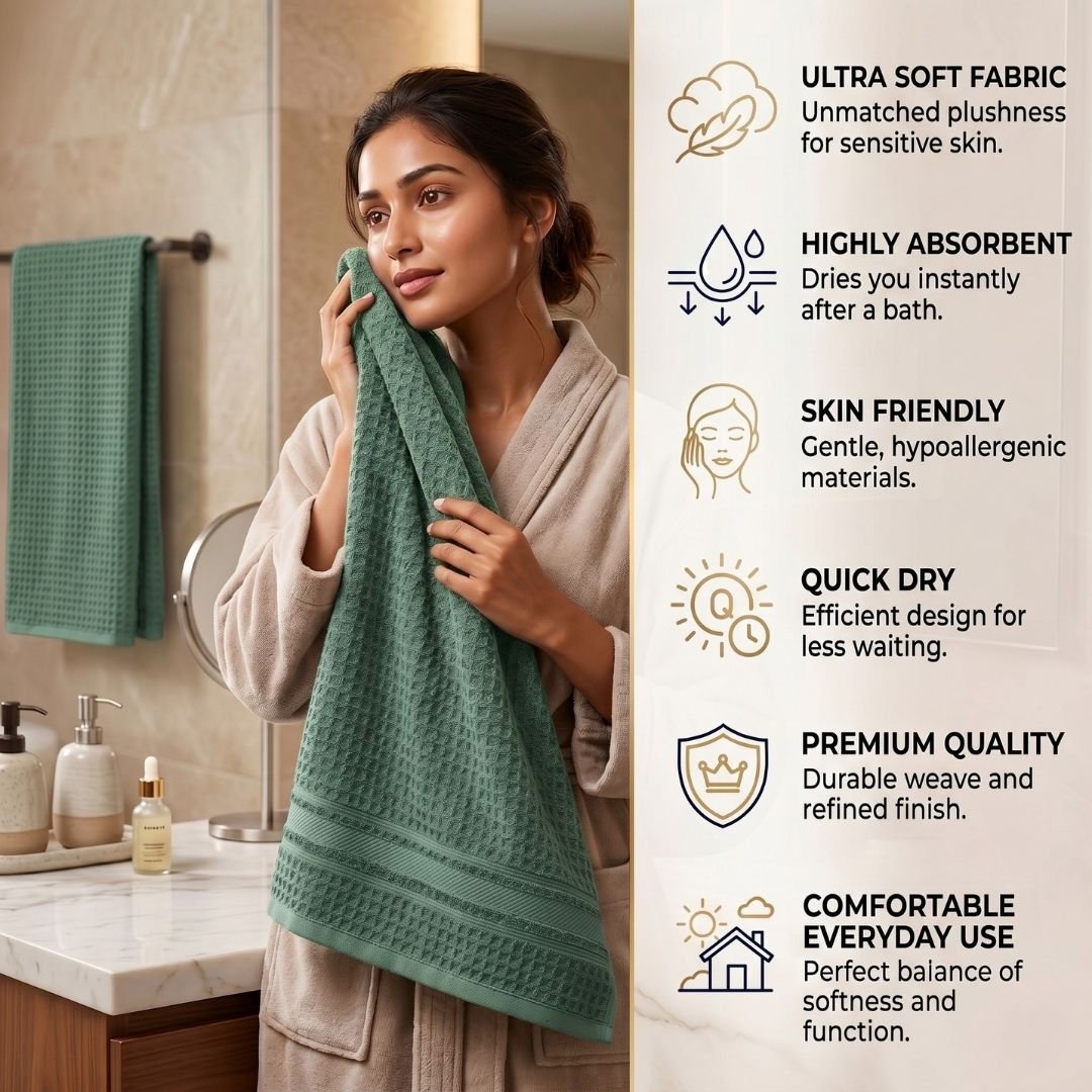 Waffle & Terry Texture Bath Towel Green– By Athom Living - Athom Living