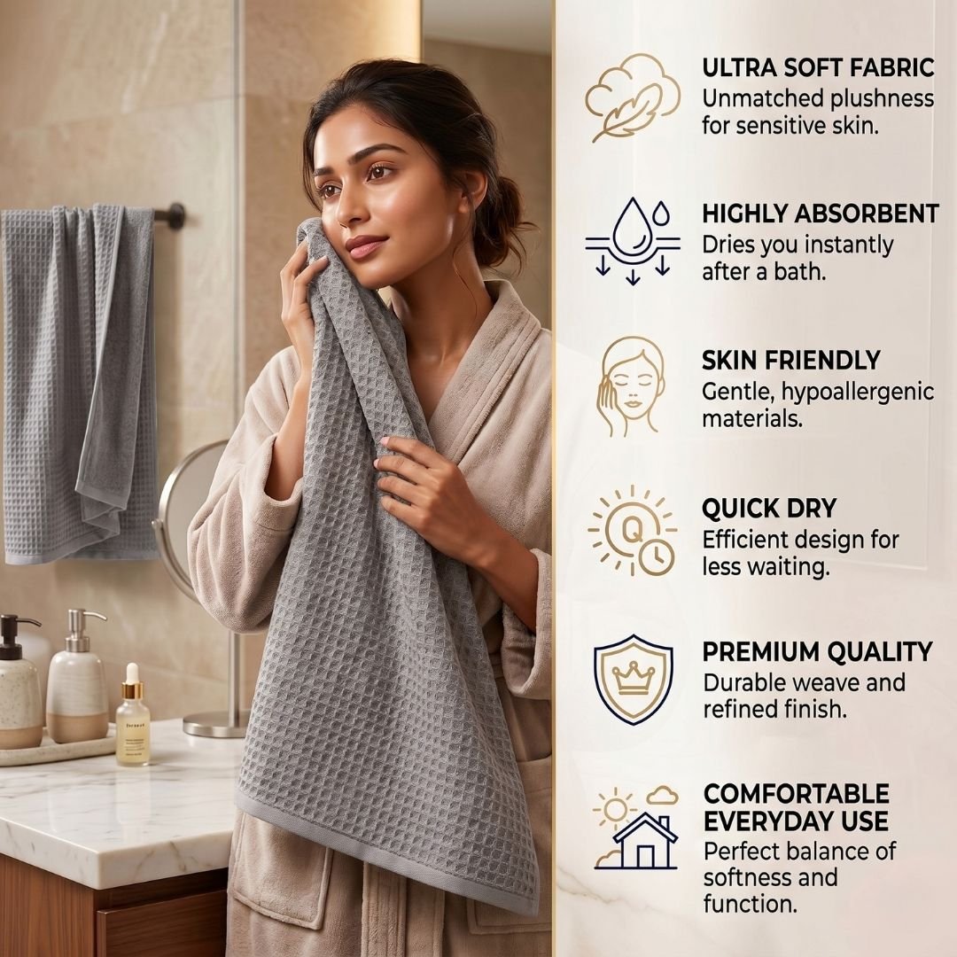 Waffle & Terry Texture Bath Towel Grey– By Athom Living - Athom Living