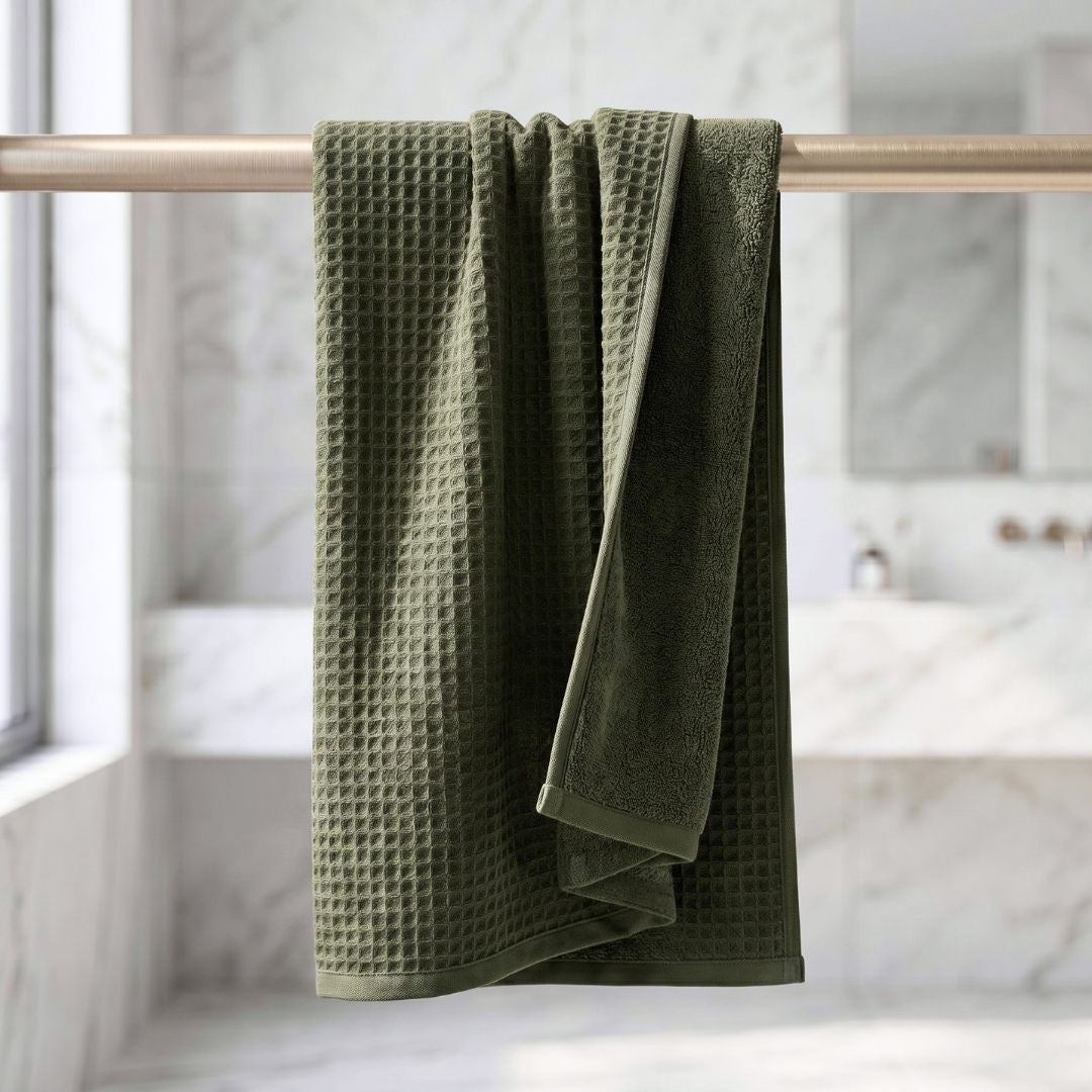 Waffle & Terry Texture Bath Towel Olive Green – By Athom Living - Athom Living