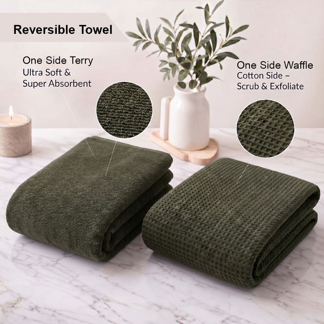 Waffle & Terry Texture Bath Towel Olive Green – By Athom Living - Athom Living