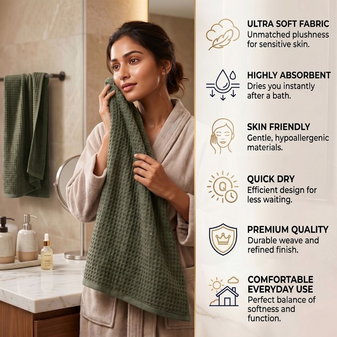 Waffle & Terry Texture Bath Towel Olive Green – By Athom Living - Athom Living