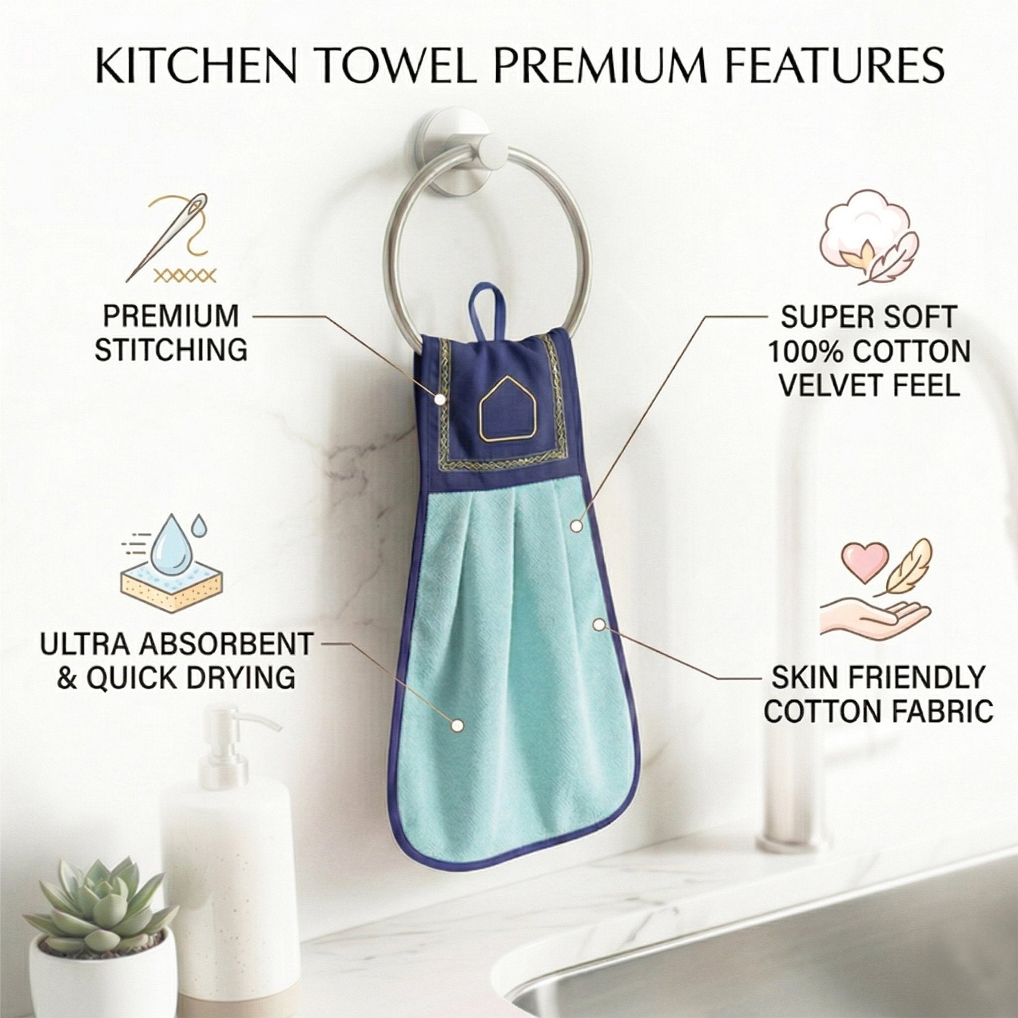 Wash Basin Kitchen Towel Sea Blue Pack of 2 by Athom Living - Athom Living