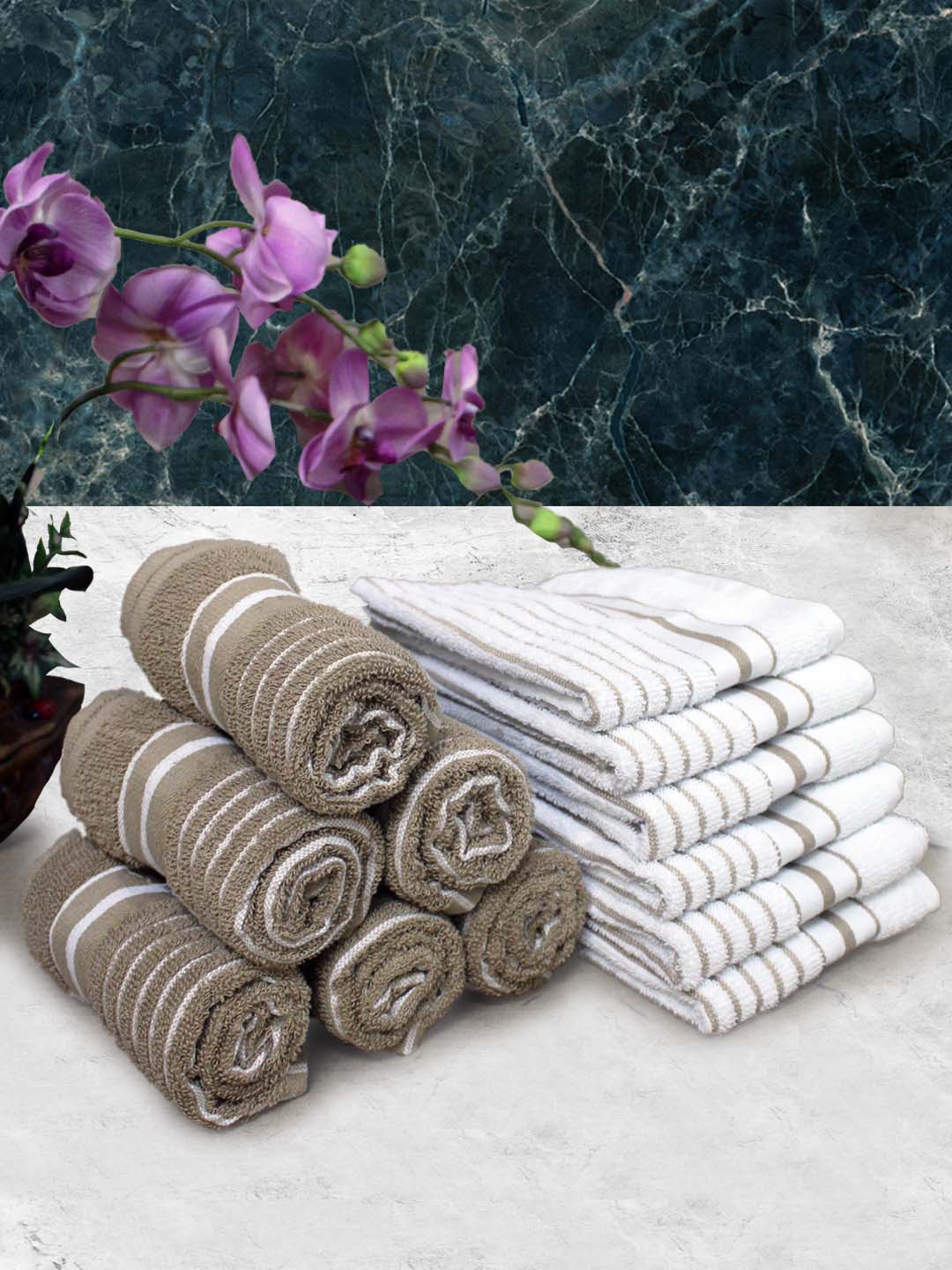 White & Brown Cotton Soft Hand Towel (Pack of 12) by Athom Living - Athom Living