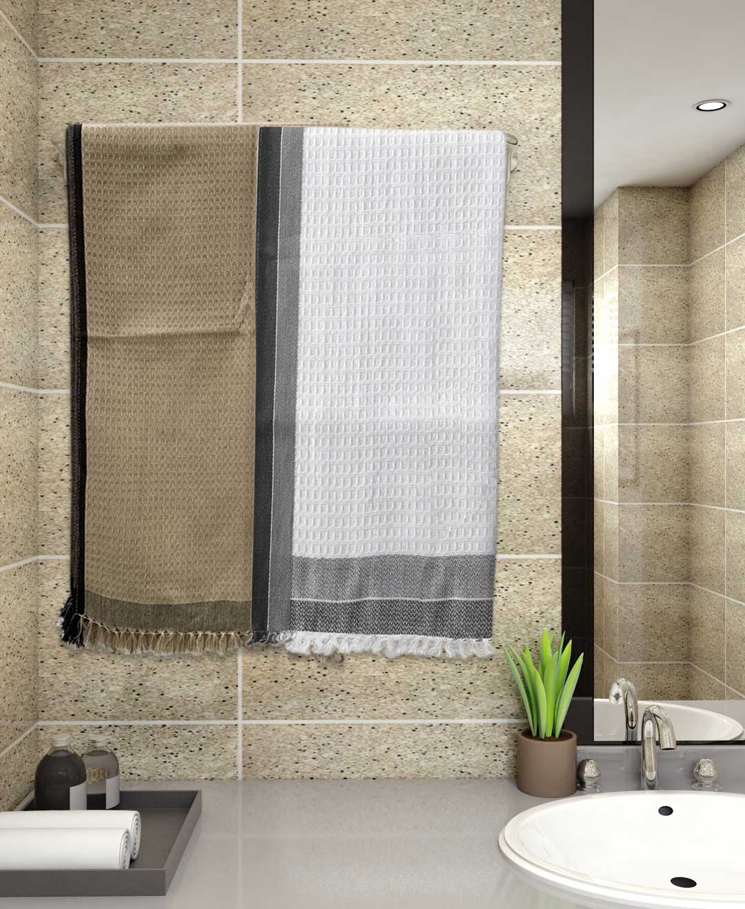White & Dark Brown Light Weight Premium Cotton Bath Towel (Pack of 2) by Athom Living - Athom Living
