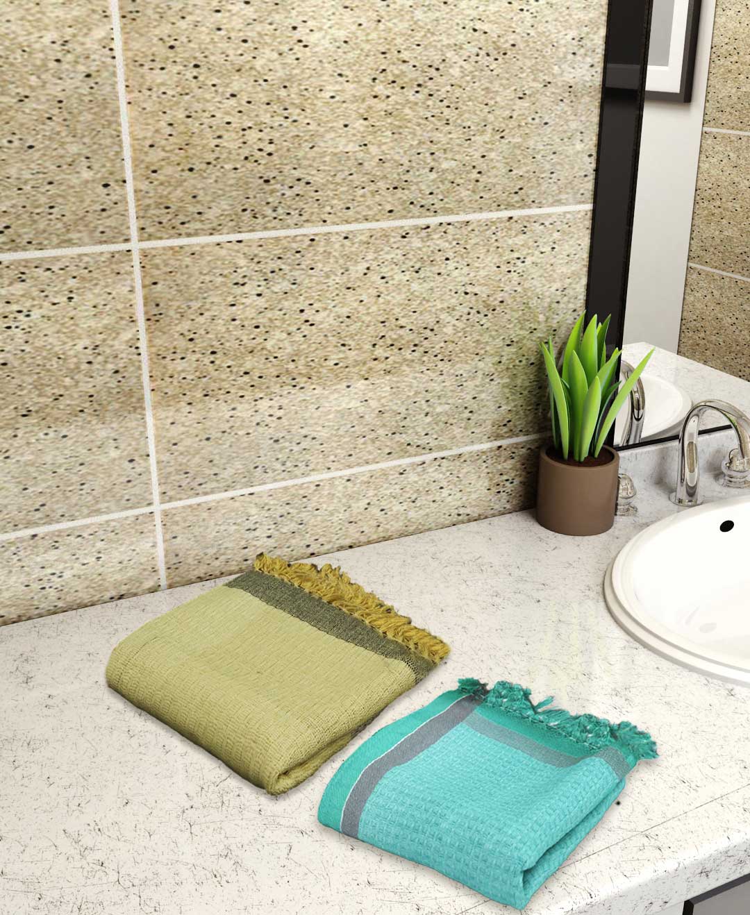 Yellow & Blue Light Weight Premium Cotton Bath Towel (Pack of 2) by Athom Living - Athom Living