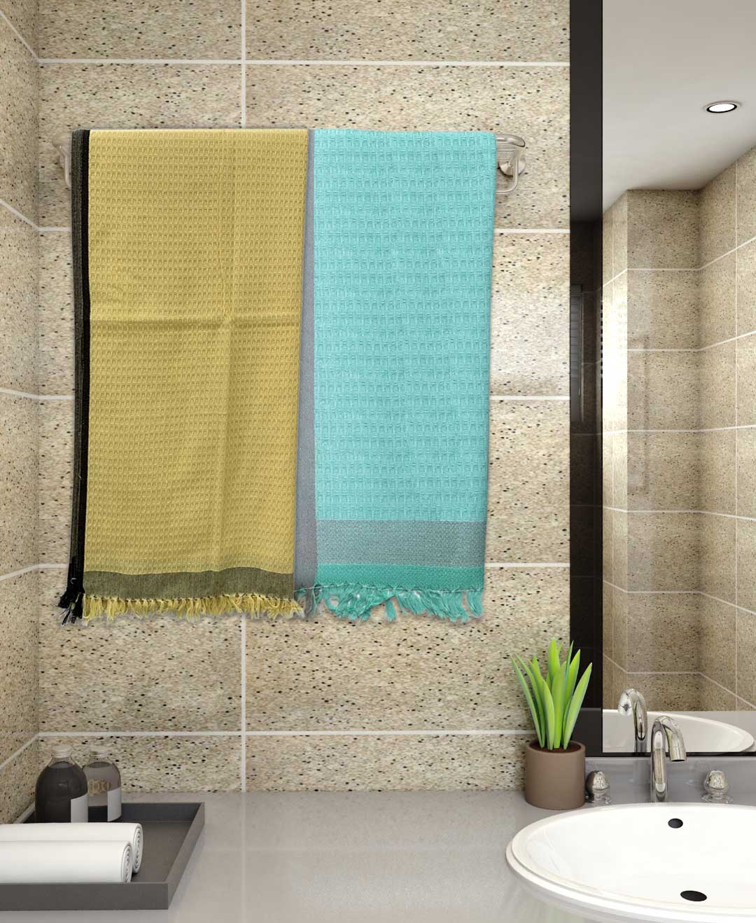 Yellow & Blue Light Weight Premium Cotton Bath Towel (Pack of 2) by Athom Living - Athom Living