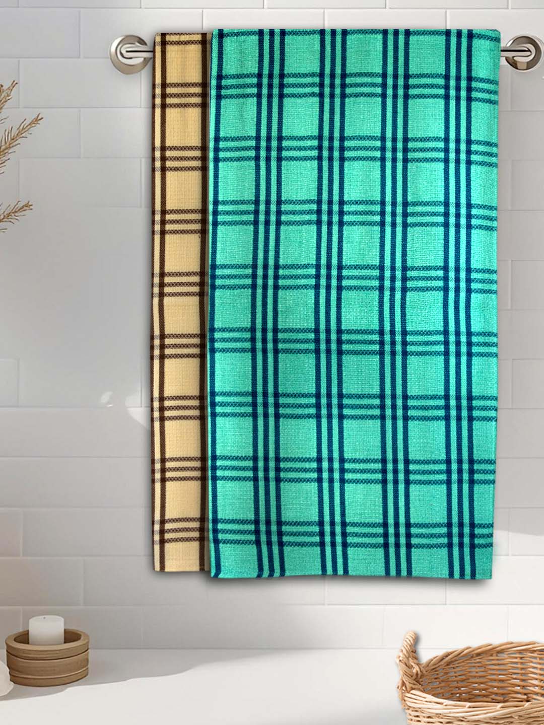 Yellow & Green Premium Waffle Cotton Bath Towel (Pack of 2) by Athom Living - Athom Living