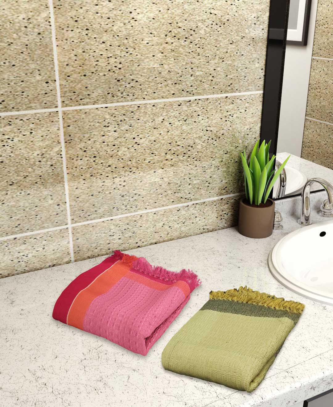 Yellow & Pink Light Weight Premium Cotton Bath Towel (Pack of 2) by Athom Living - Athom Living