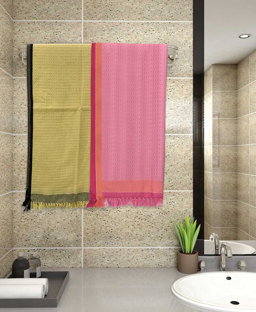 Yellow & Pink Light Weight Premium Cotton Bath Towel (Pack of 2) by Athom Living - Athom Living
