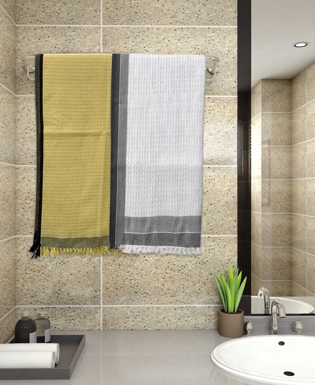 Yellow & White Light Weight Premium Cotton Bath (Pack of 2) by Athom Living - Athom Living