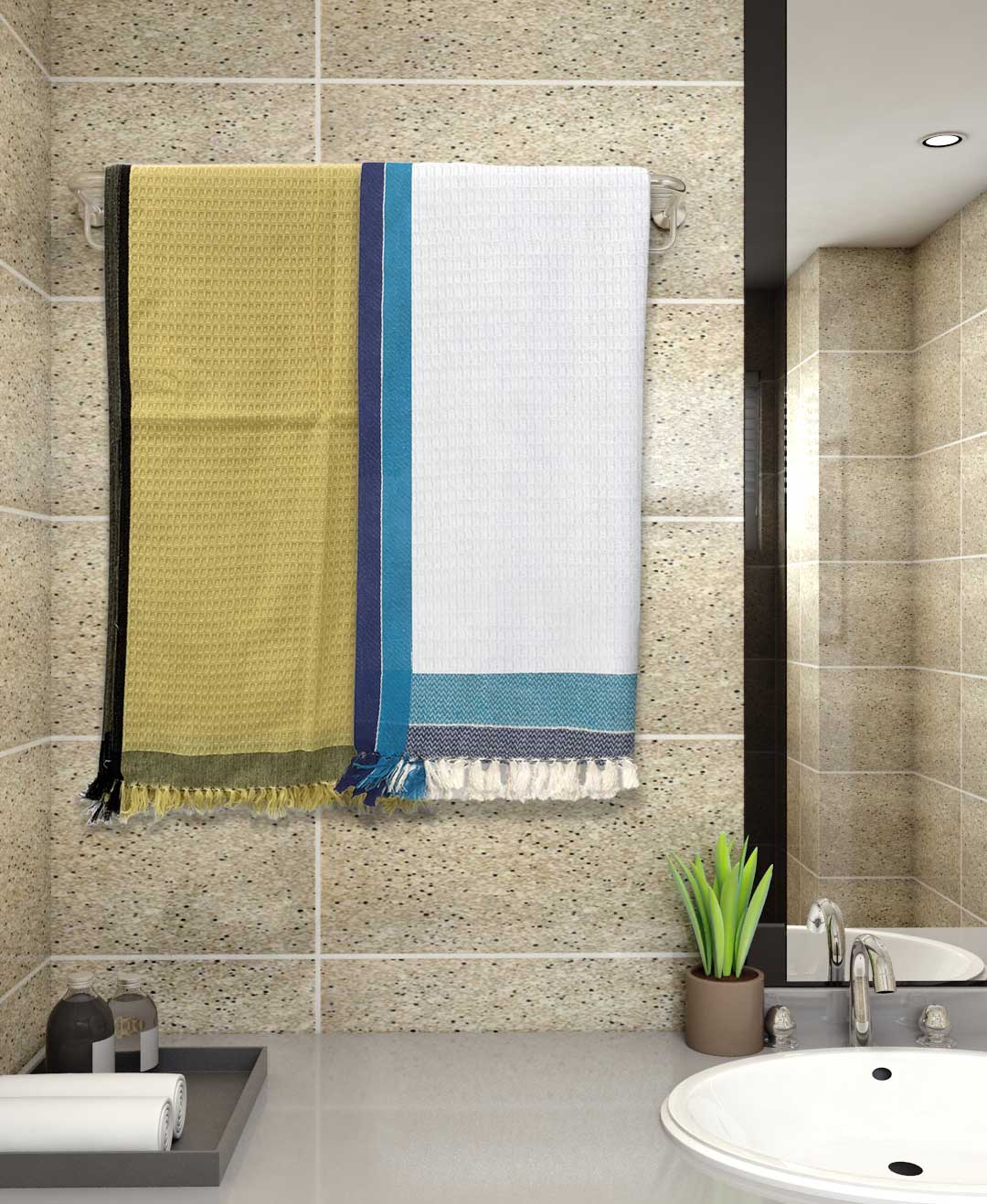 Yellow & White Light weight Premium Cotton Bath Towel (Pack of 2) by Athom Living - Athom Living