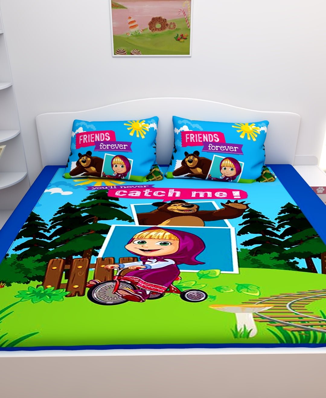 You'll Never Catch Me Masha And The Bear Kids Cotton Double Bedsheet with 2 Pillow Cover by Athom Living - Athom Living