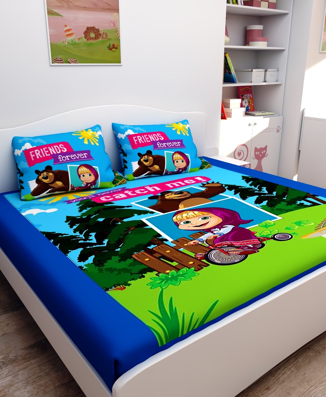 You'll Never Catch Me Masha And The Bear Kids Cotton Double Bedsheet with 2 Pillow Cover by Athom Living - Athom Living