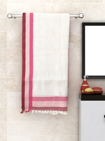 Athom Living  Waffle Border White  & Pink Light Weight Woven Cotton Bath Towel- Large