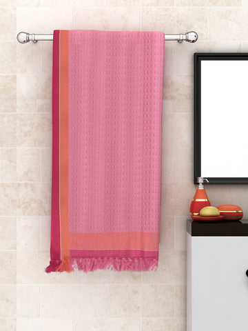 Athom Living  Waffle Border Pink Light Weight Woven Cotton Bath Towel- Large