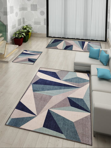 Athom Living Distressed Blue Premium Anti Slip Printed Doormat, Runner & Carpet Set
