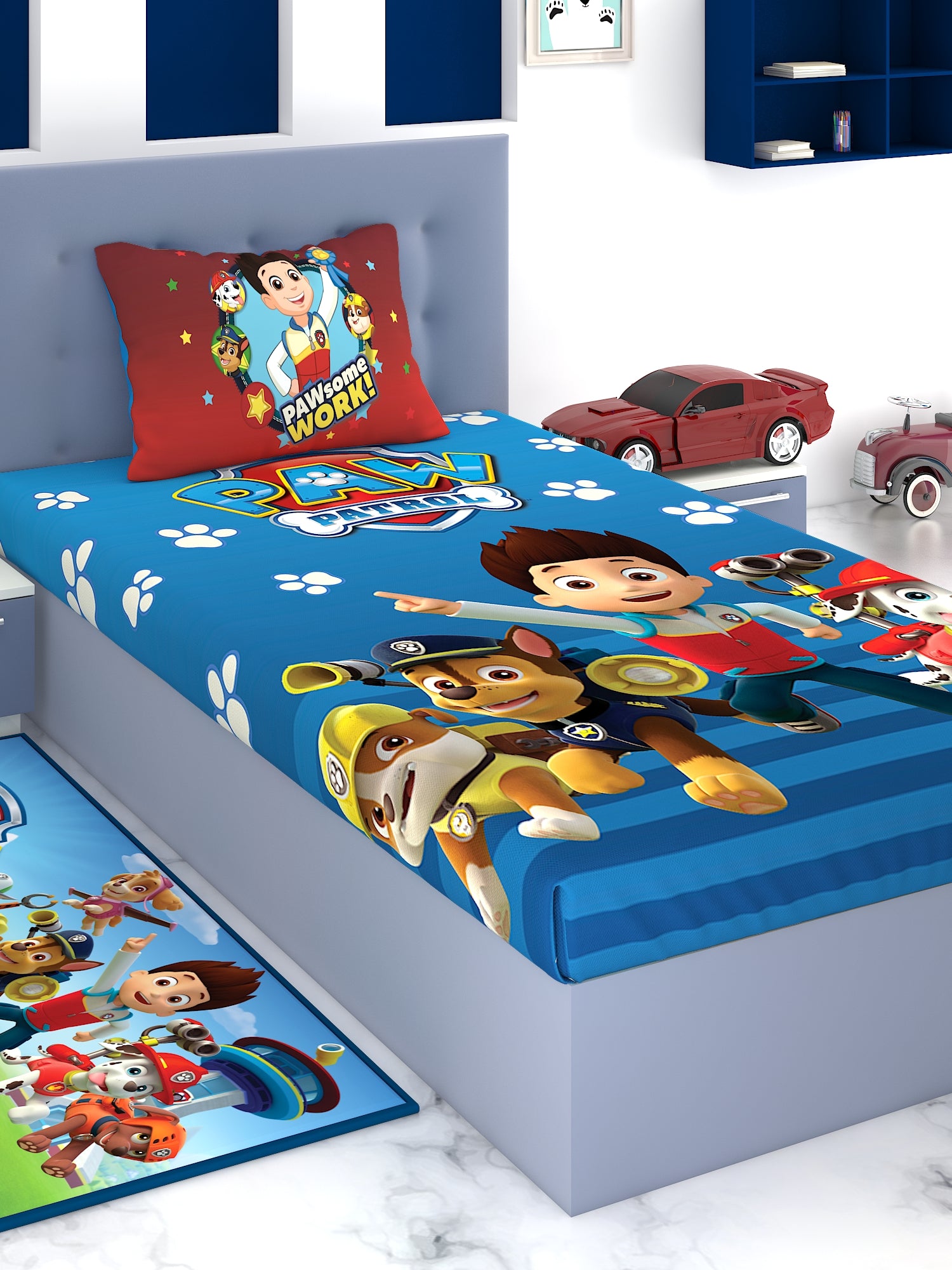 A vibrant Paw Patrol cotton bedding set by Athom Living featuring a soft and colorful kids single bedsheet with 1 pillow cover, designed to brighten children’s rooms with comfort, durability, and playful cartoon prints.