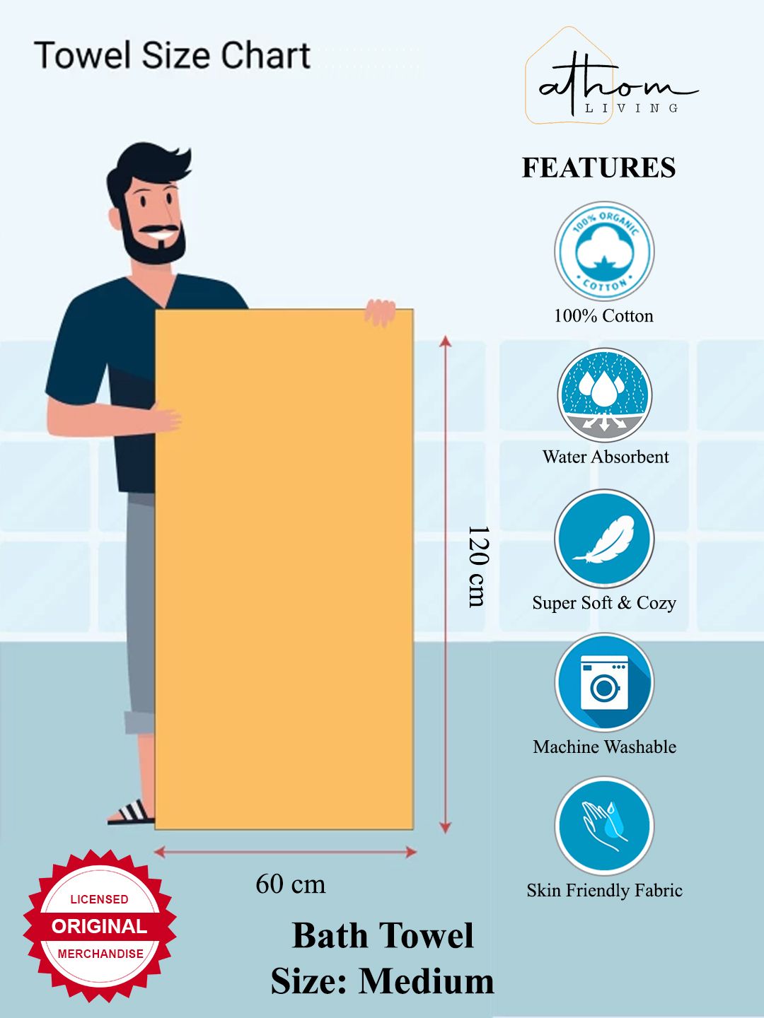 Athom Living Disney Frozen Elsa Kids Cotton Bath Towel 350 GSM 60x120 cm designed for high absorbency and softness. This bath towel keeps kids dry and comfortable after every bath or swim.