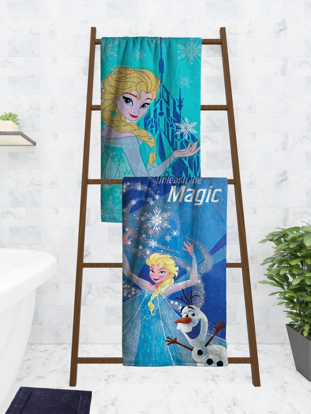Athom Living Disney Frozen Unleash the Magic Elsa Kids Bath Towel Pack of 2, 60x120 cm, featuring soft cotton, vibrant prints, and gentle absorbency. A perfect Bath Towel set for kids who love Frozen characters.