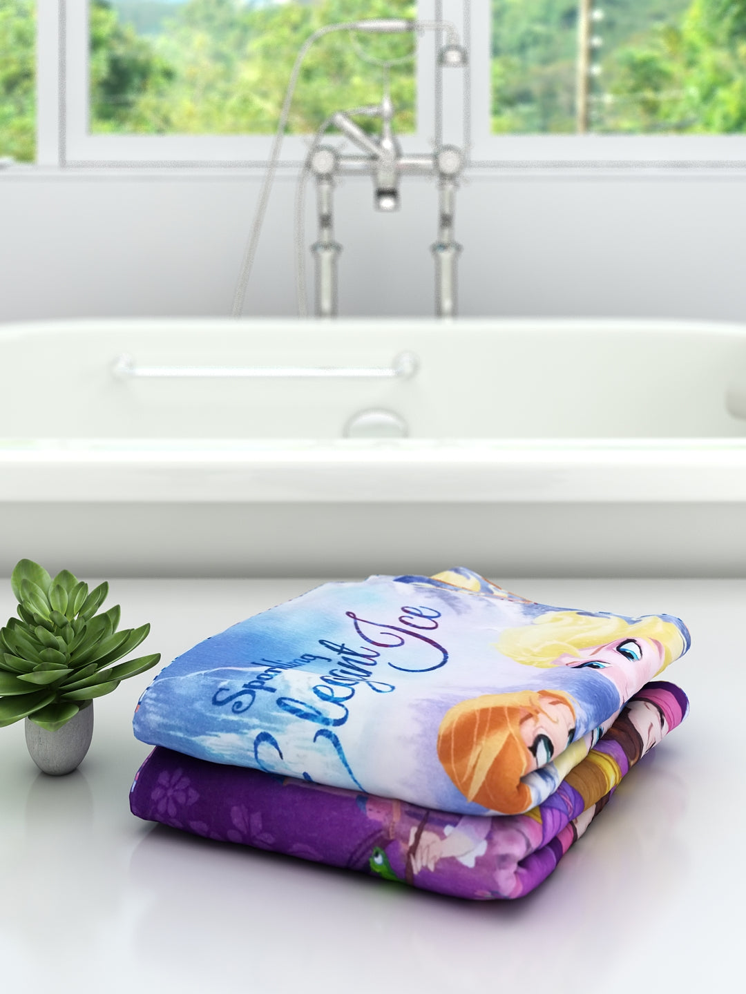 Athom Living Disney Princess Kids Cotton Bath Towel set of 2, featuring vibrant "Sparkling Elegant Ice" design, medium size 60x120 cm, ideal for kids’ bath time and daily use.