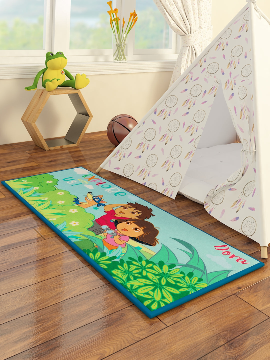 Athom Living Dora Explore With Us Kids Printed Runner Carpet 2ft x 4.5ft featuring vibrant colors, soft material, and anti-skid backing. Perfect for playrooms, bedrooms, or study areas as a fun runner carpet.