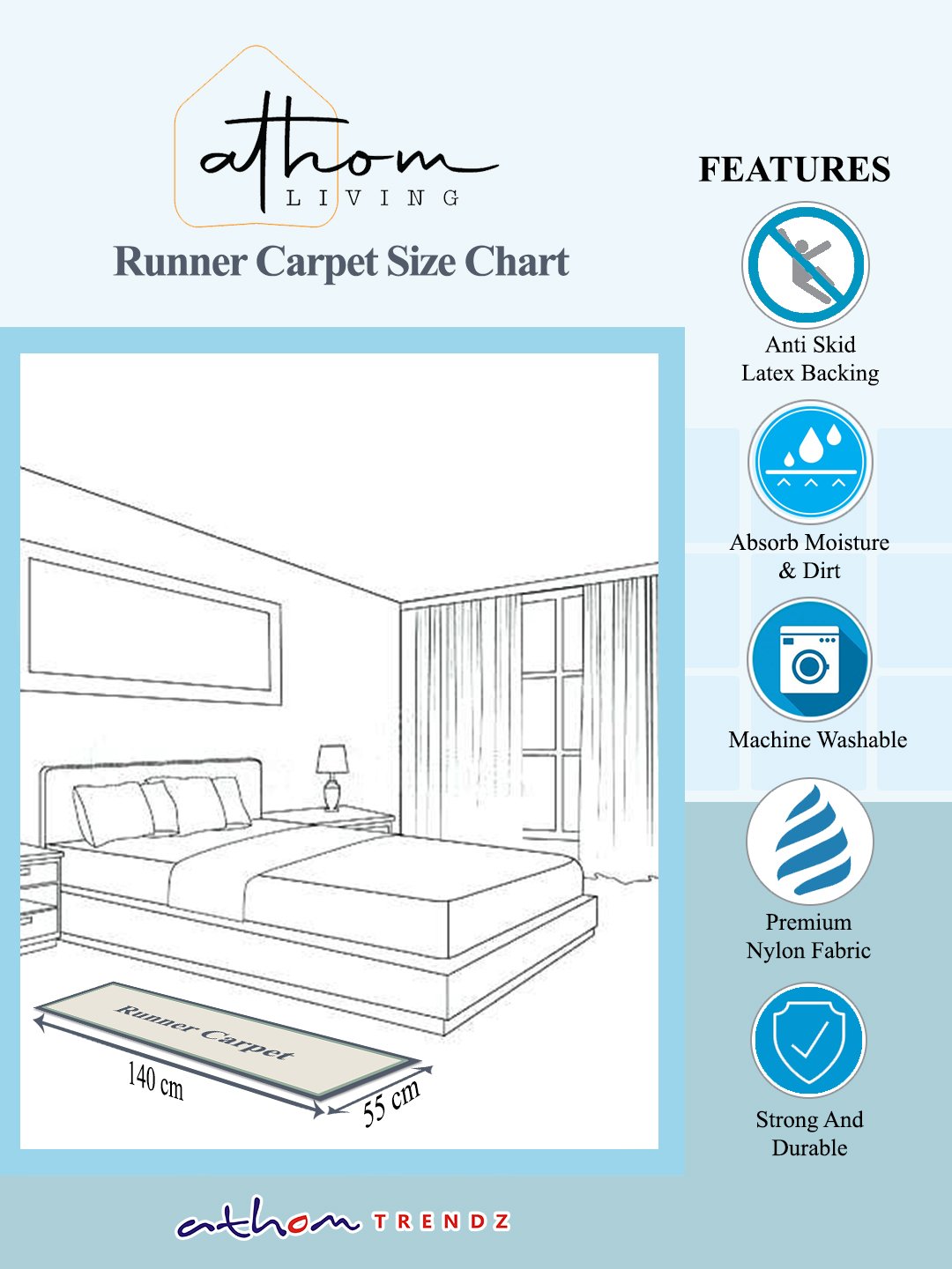 Athom Living Dora Explore With Us Kids Printed Runner Carpet 2ft x 4.5ft with bright Dora-themed graphics. Soft, durable, and anti-skid, this runner carpet is ideal for bedrooms, playrooms, or study corners.