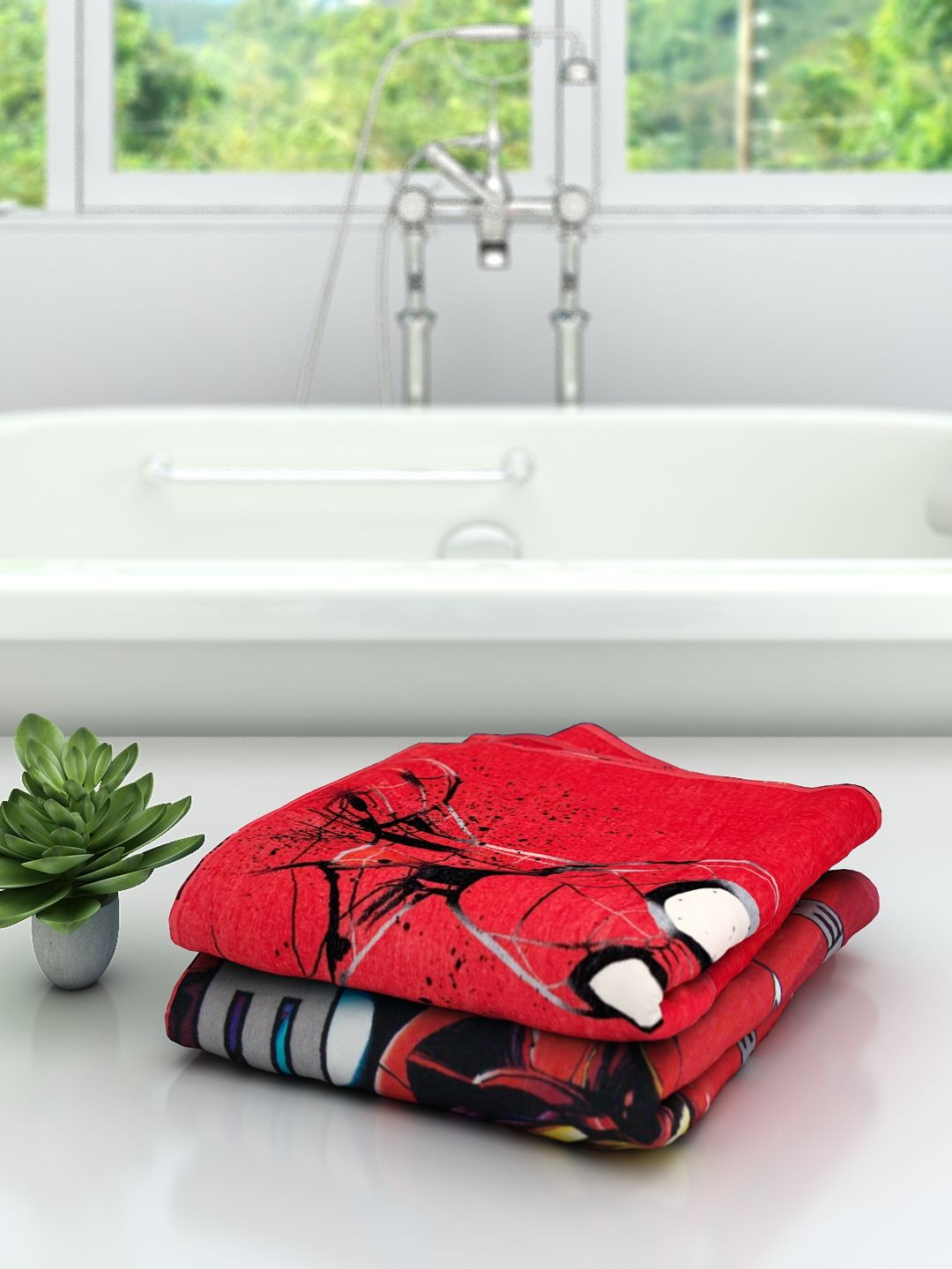 Athom Living Marvel Avengers and Spiderman Kids Cotton Bath Towel set designed for kids, offering colorful superhero graphics, plush cotton feel and excellent absorbency for bath, beach or pool use.
