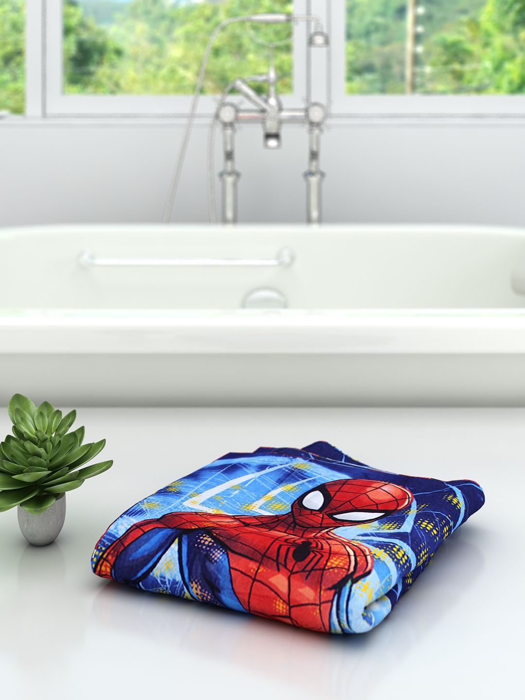 Athom Living Marvel Blue Spiderman Kids Cotton Bath Towel – durable 350 GSM, quick-dry, soft cotton, ideal size 60x120 cm for kids.