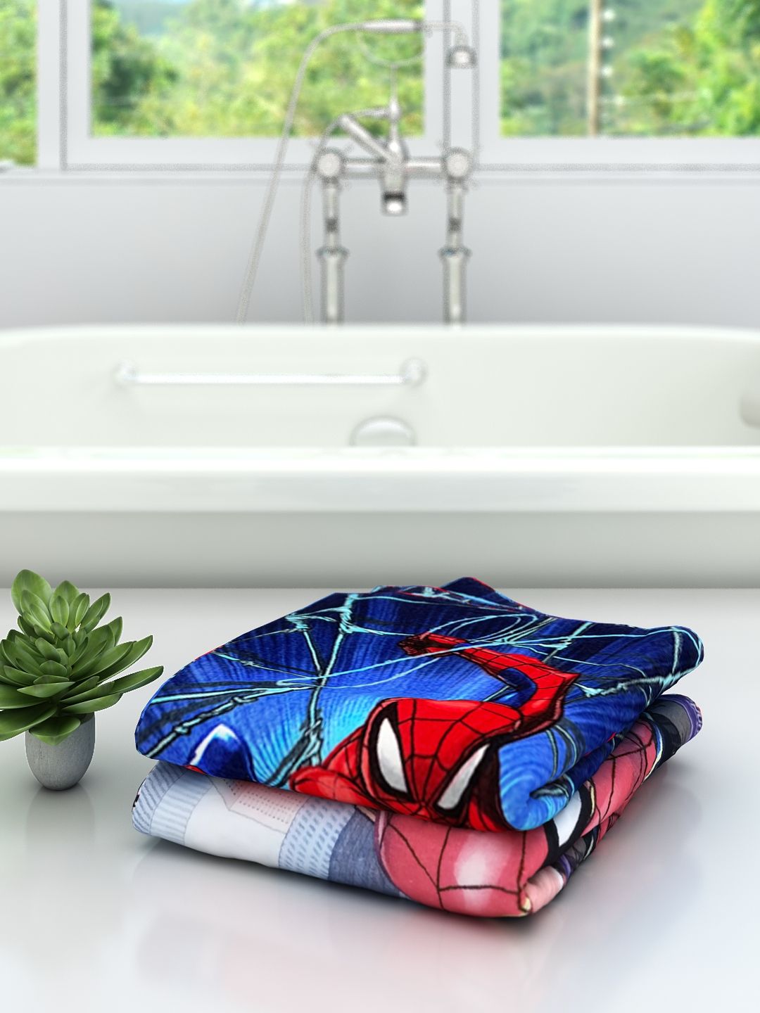 Athom Living Marvel Spider-Man Kids Cotton Bath Towel set of 2, designed for kids’ bath time, offering soft cotton fabric, colorful prints, and a fun superhero swing into action theme.