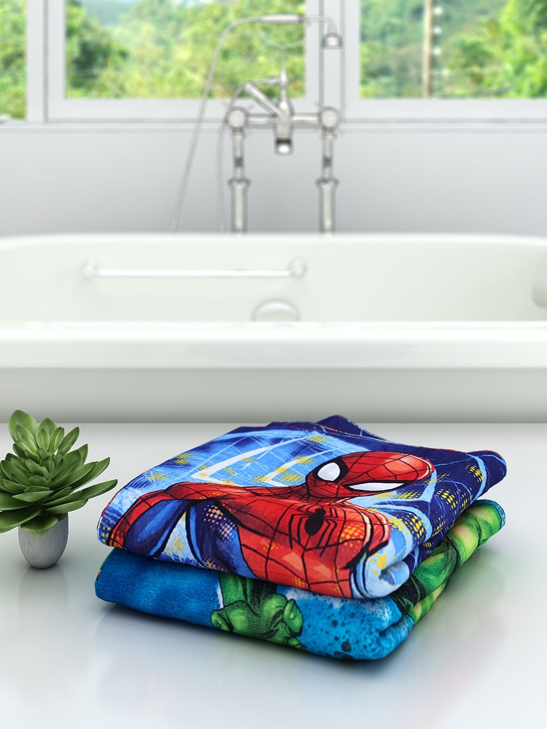 Athom Living Marvel superhero bath towel pack of 2 featuring The Hulk & Spiderman, designed in 60x120 cm for kids; ultra-soft, durable cotton bath towel set perfect for home, travel, and gifting needs.
