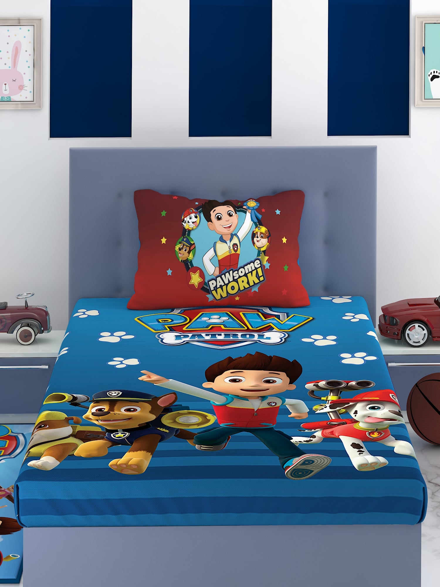 Athom Living Paw Patrol themed cotton bedding set showing a bright and cozy kids single bedsheet with 1 pillow cover, crafted for comfort, easy care, and adding fun animated style to any child’s bedroom décor.
