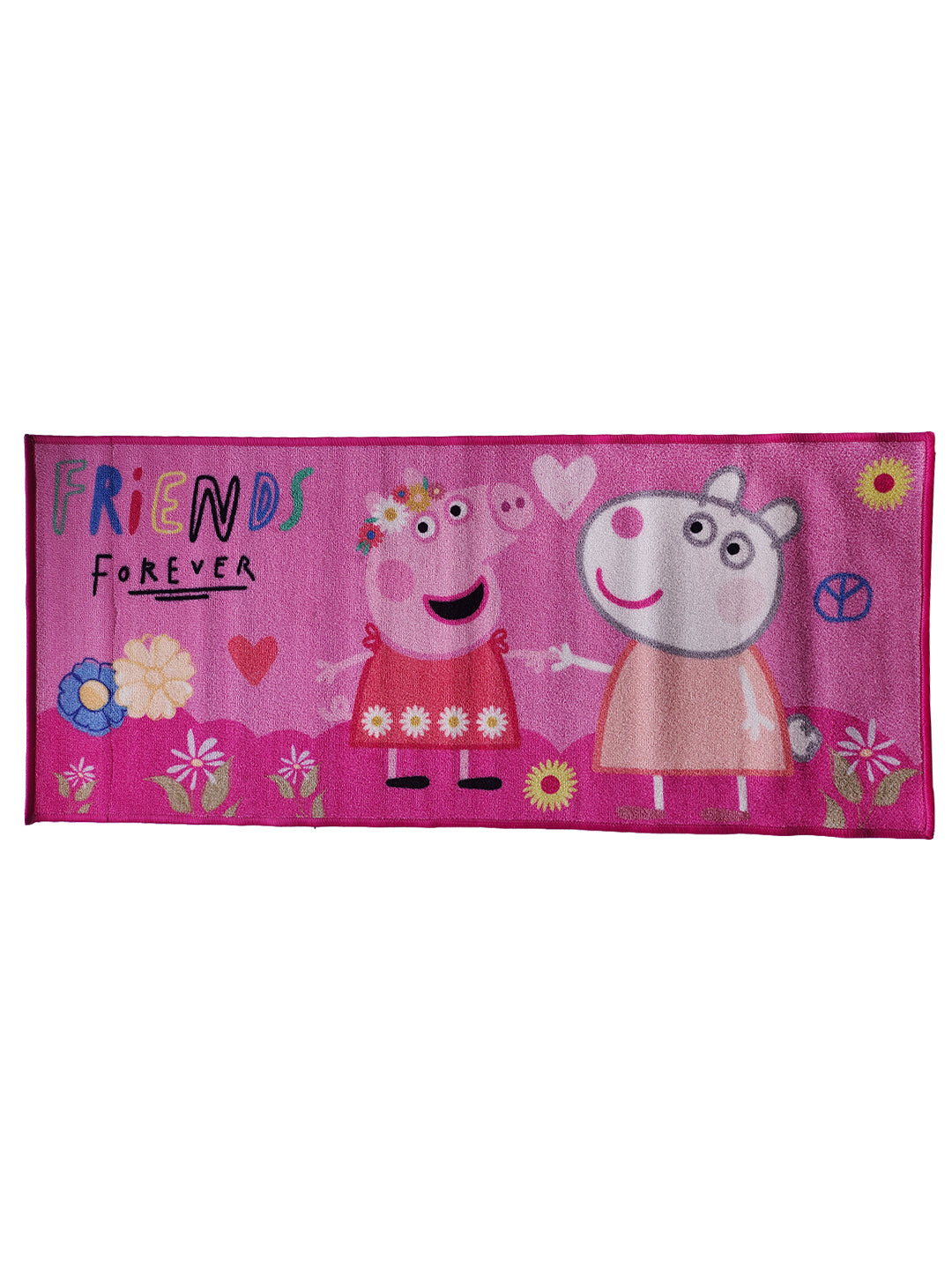 Athom Living Peppa Pig Friends Forever Kids runner carpet with anti-skid backing, bright colors, and soft texture. This adorable runner carpet is perfect for bedrooms, play areas, and study spaces.