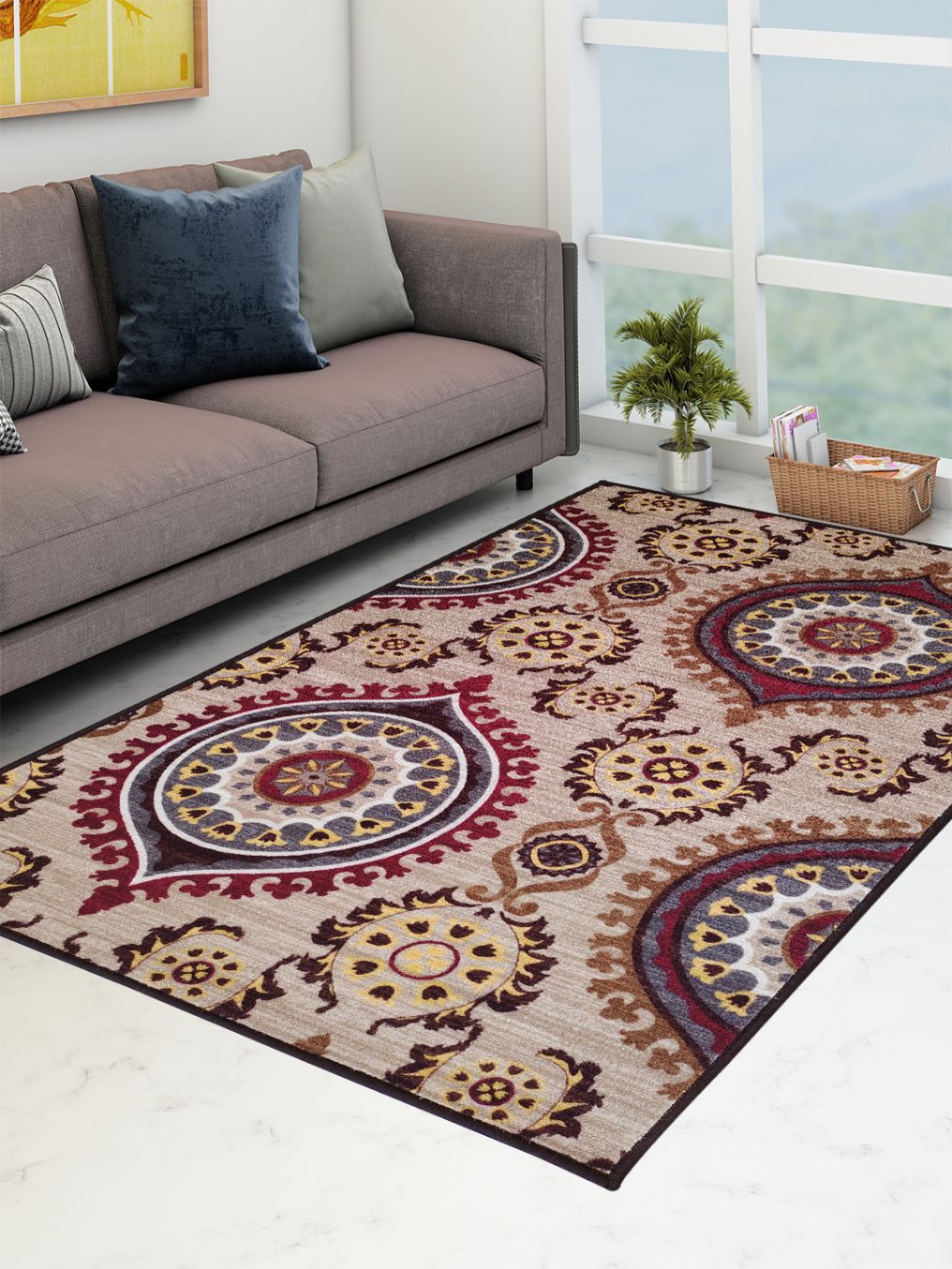 Athom Living Persian Maroon Anti-Slip Carpet, soft plush feel, printed elegant design, ideal for living room, bedroom, or office, enhances home decor with premium style and comfort.