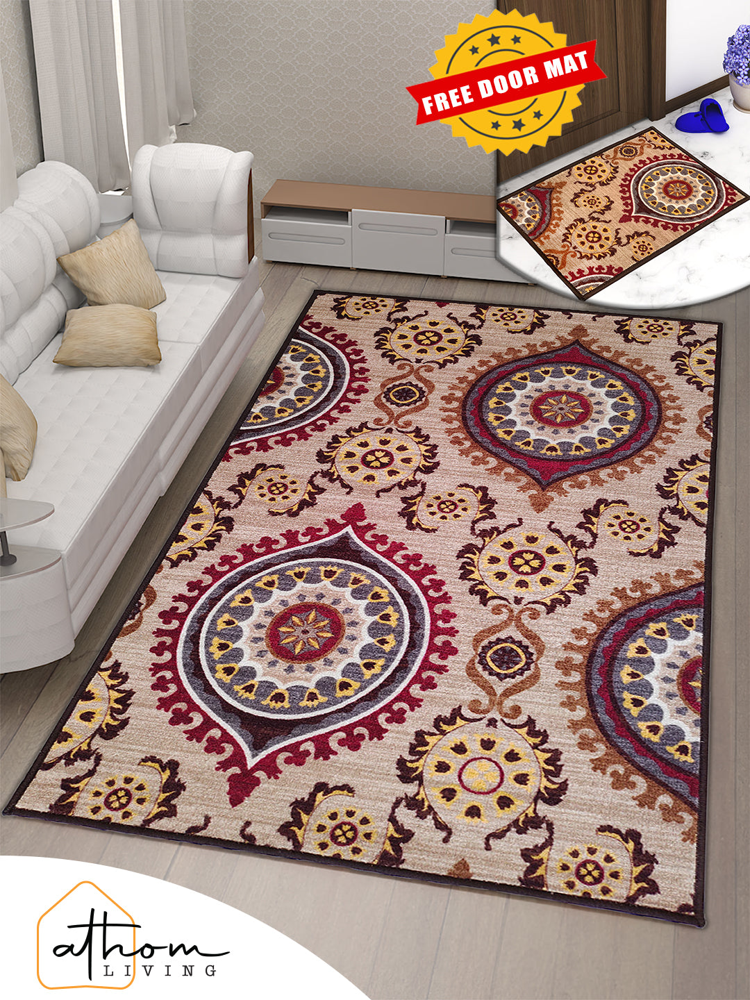 Athom Living’s Persian Maroon Carpet, anti-slip, high-quality material, soft texture, stylish printed pattern, perfect for adding comfort, elegance, and premium decor to any room at home.