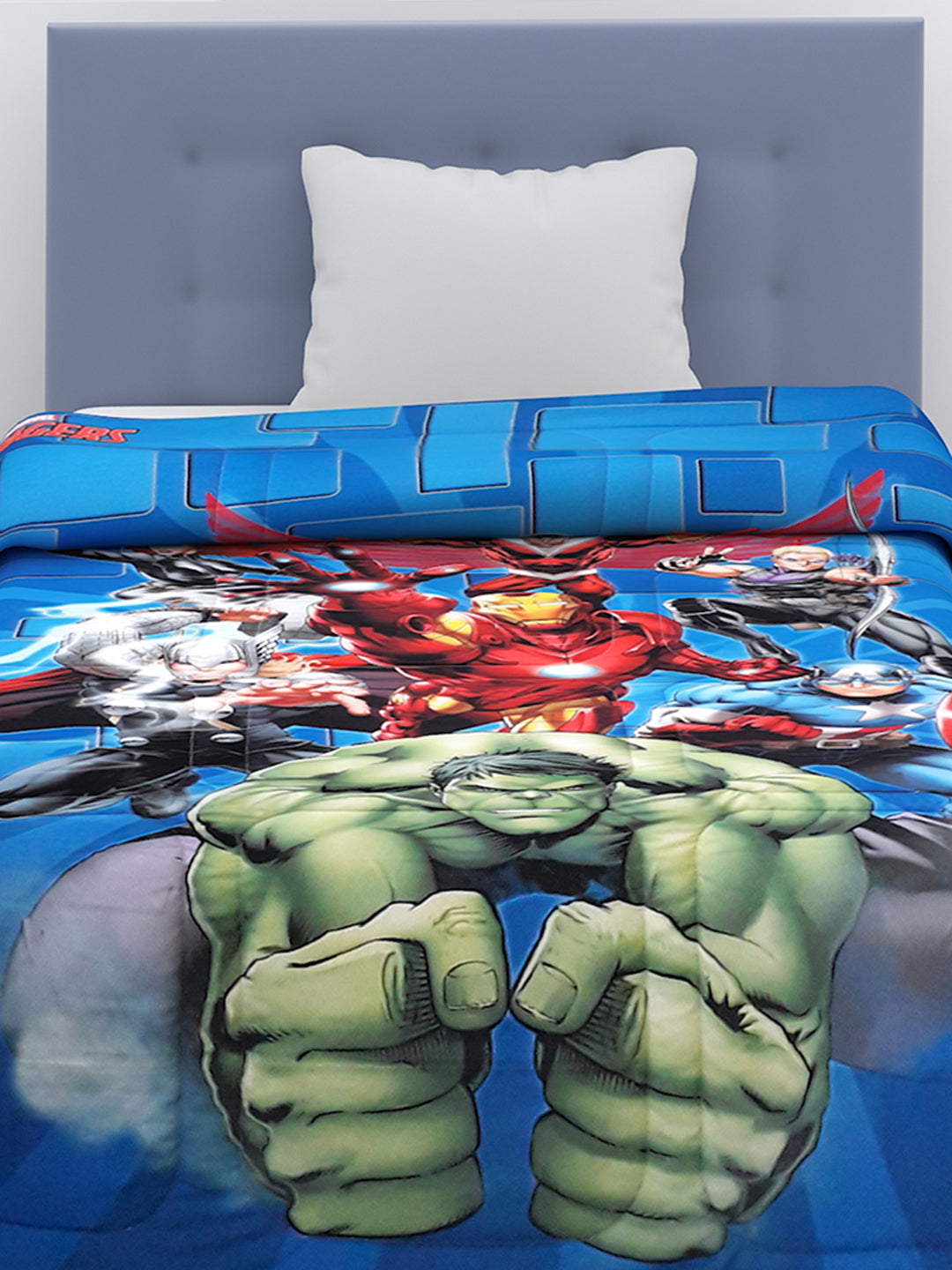 Avengers themed kids comforter, single size 135x220 cm, crafted with poly-fill, 360 GSM thickness, and vivid high-resolution digital printing.