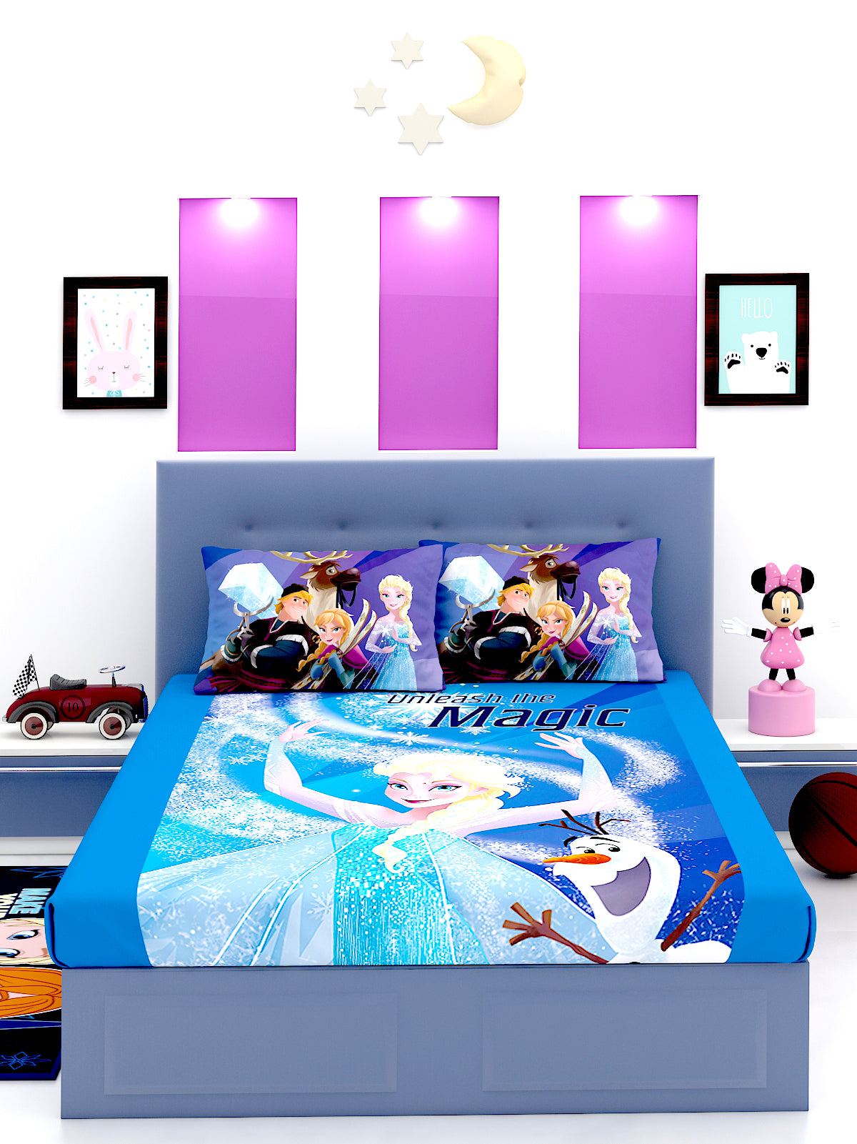Beautiful Disney Frozen Unleash The Magic themed kids double bedsheet with 2 pillow cover designed by Athom Living, crafted in soft cotton with adorable Elsa and Anna artwork perfect for girls’ bedrooms.
