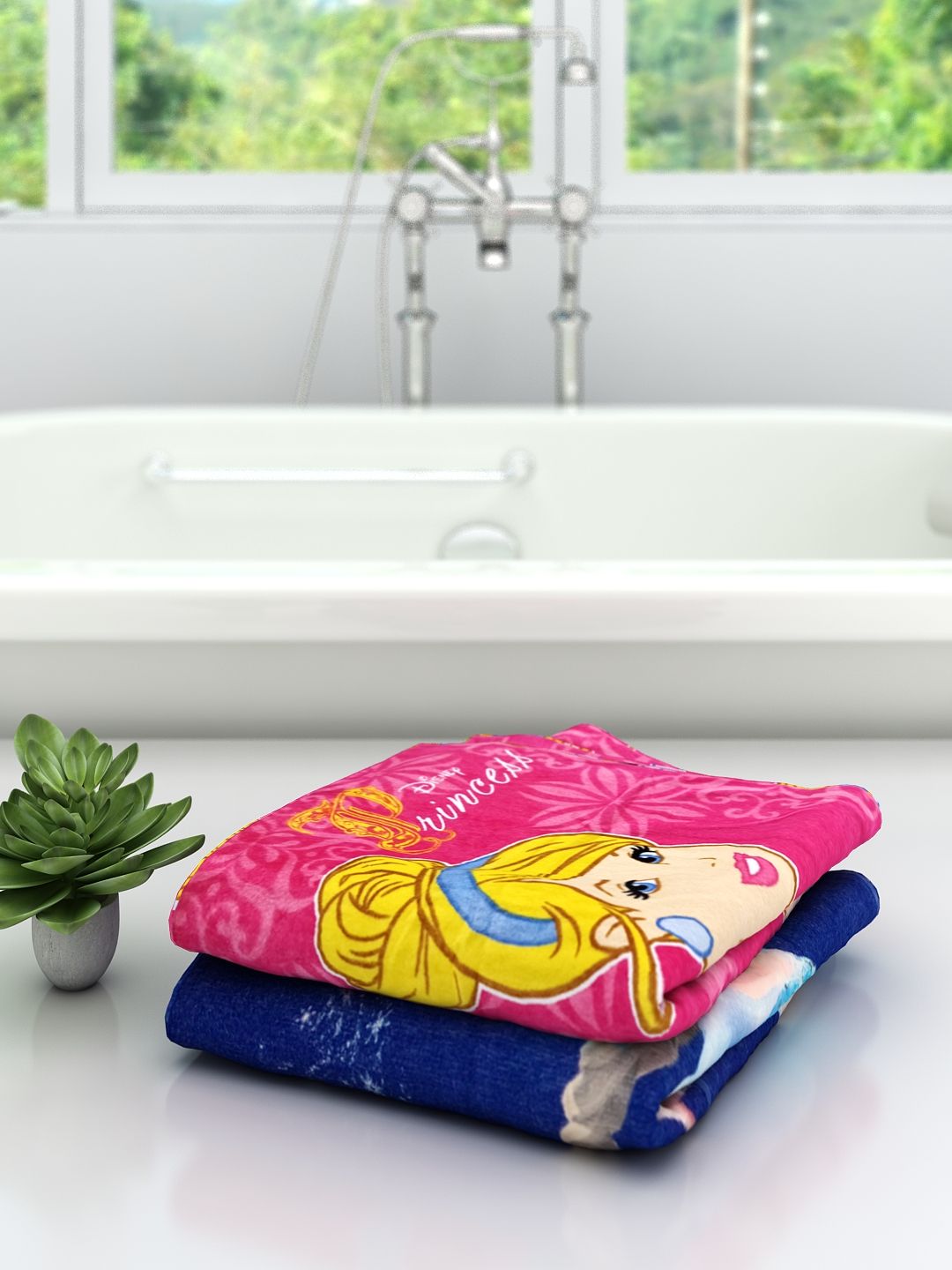 Beautiful Disney Princess-themed kids bath towel pack of 2 by Athom Living, made from premium cotton, 60x120 cm, ultra-soft, vibrant, and perfect for children who enjoy fun and playful designs.