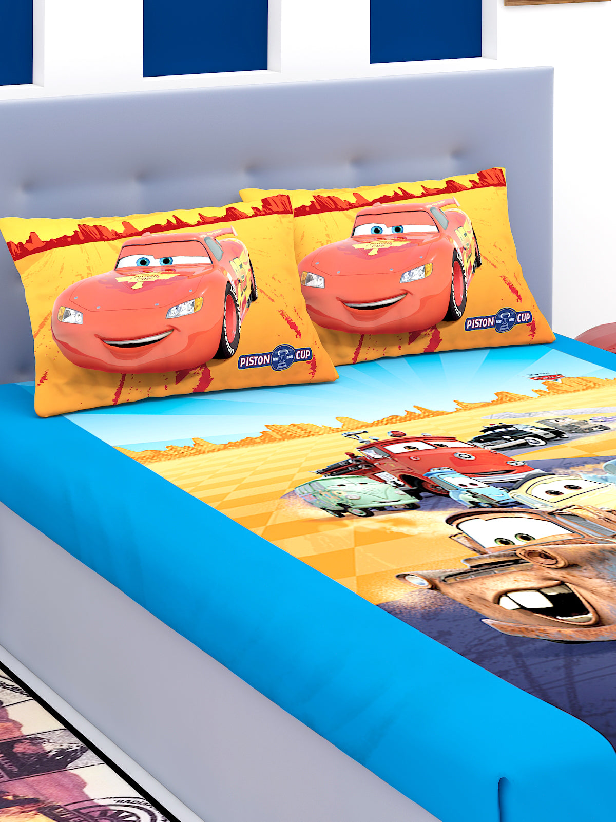Bright and colorful Disney Piston Cups Cars design kids double bedsheet with 2 pillow cover, perfect for kids’ bedrooms, soft cotton material ensures comfort and style for every little fan.