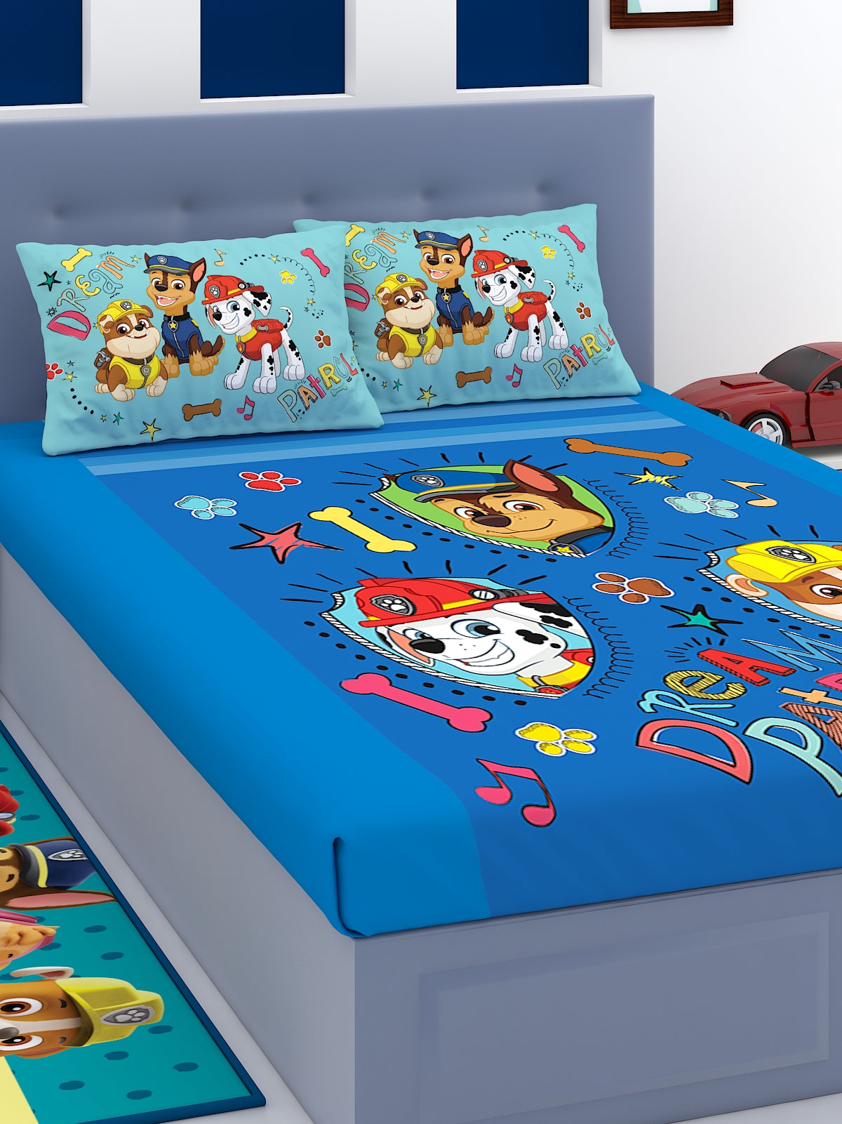 Bright and colorful Paw Patrol Dream Patrol cotton kids double bedsheet with 2 pillow cover set by Athom Living, perfect for adding fun and comfort to any child’s bedroom.