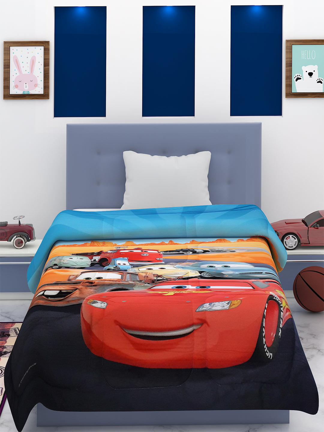 Buy Disney Car Kids Comforter online – Single size 135x220 cm, durable 360 GSM poly-fill comforter with vibrant Piston Cups Dream Ride print, crafted by Athom Living for cozy kids bedding.