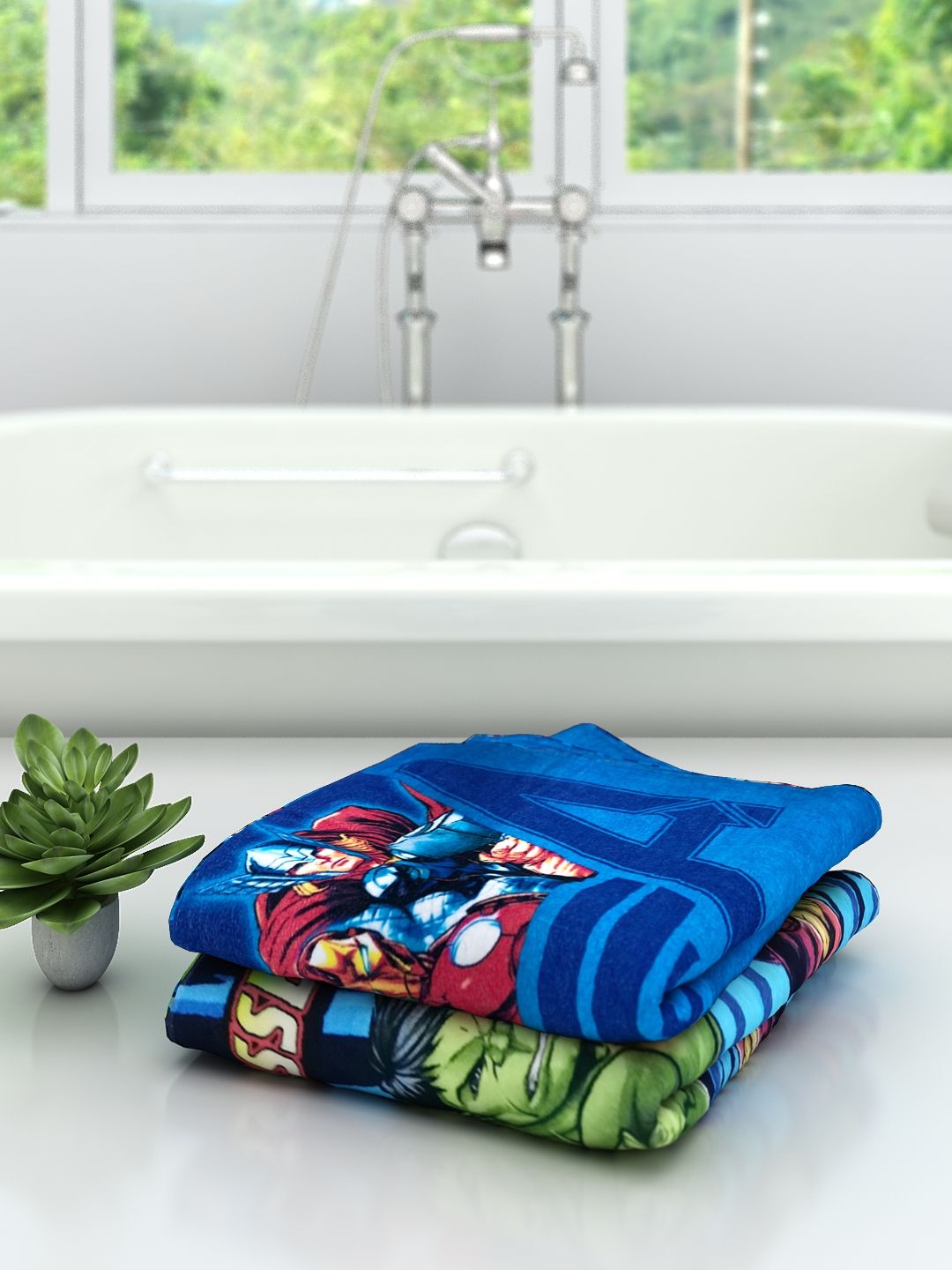 Colorful Marvel Avengers Assemble Kids Cotton Bath Towel by Athom Living with vibrant superhero print, crafted from premium cotton fabric for softness, quick drying and a fun bathing experience for kids.